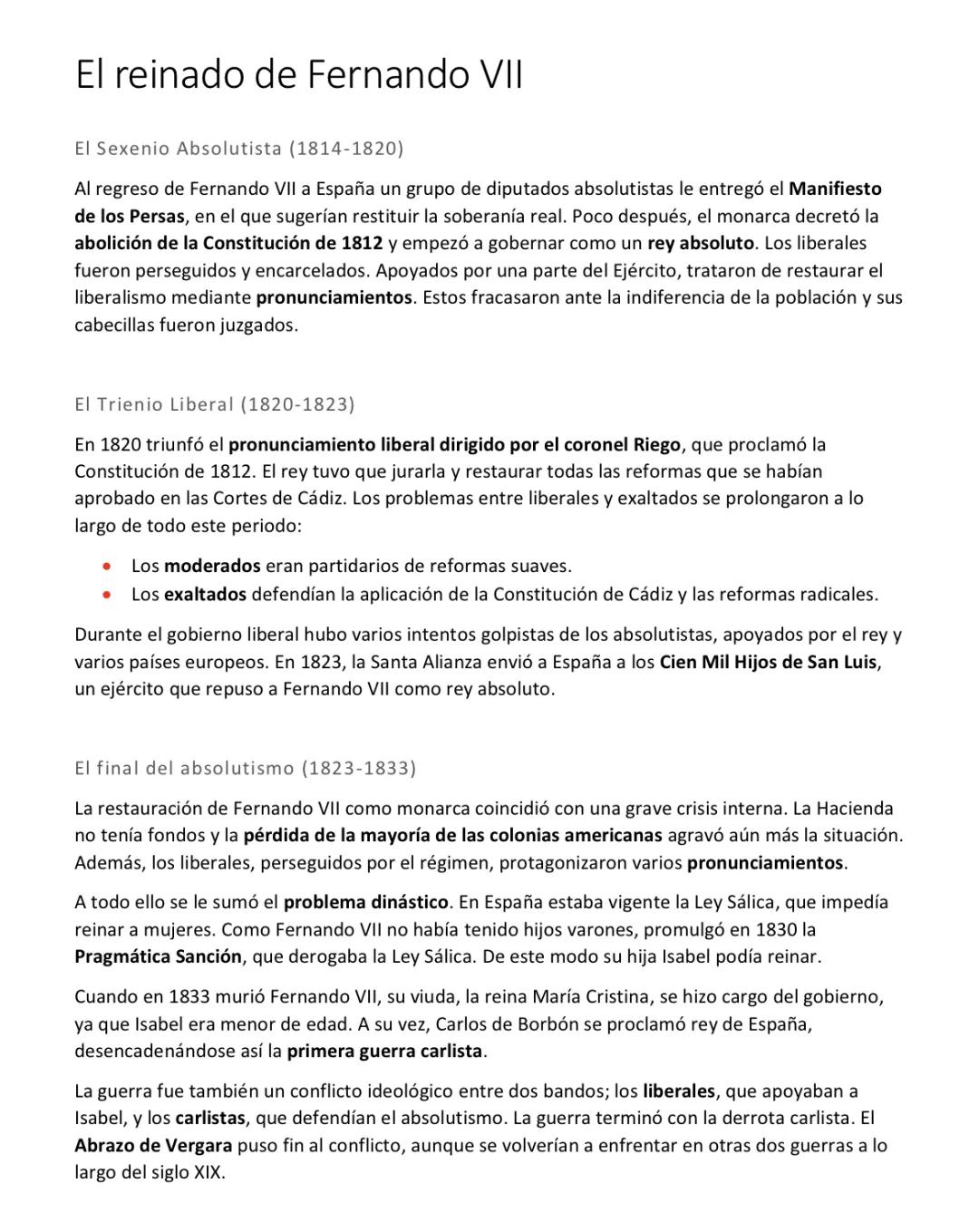 La Historia del Reinado de Fernando VII y el Conflicto entre Liberales y Absolutistas en el Siglo XIX