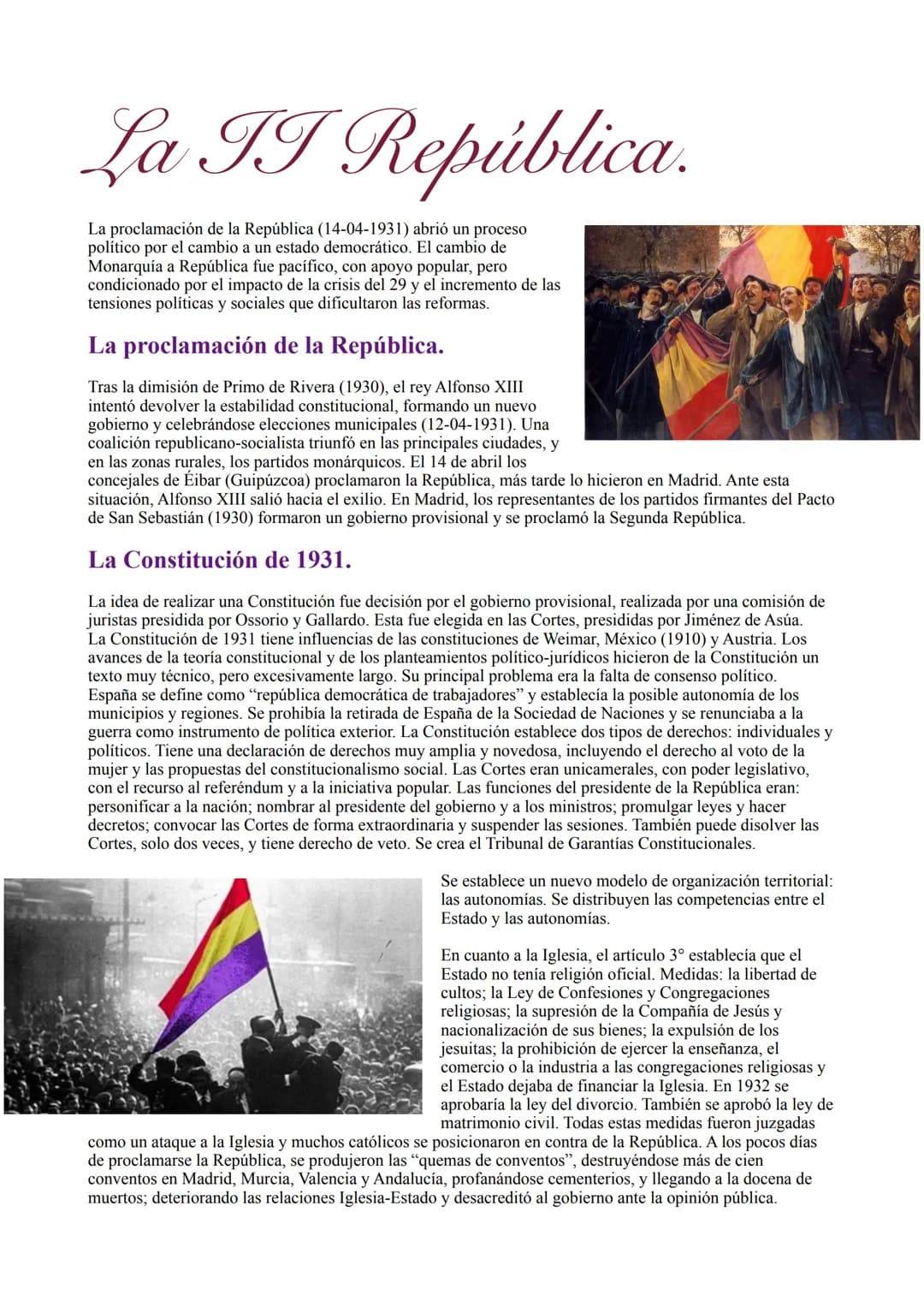 La II República.
La proclamación de la República (14-04-1931) abrió un proceso
político por el cambio a un estado democrático. El cambio de
