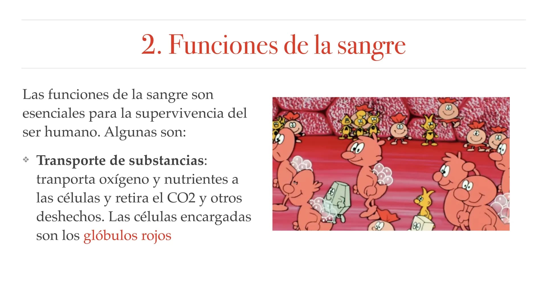 El aparato circulatorio Sistema circulatorio
1. Tipos de vasos sanguíneos
2. Funciones de la sangre
3. Componentes de la sangre
4. Corazón
5