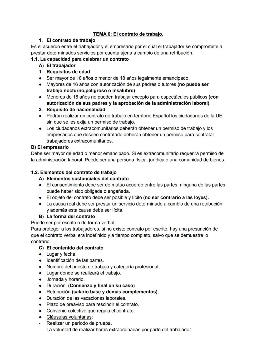 TEMA 6: El contrato de trabajo.
1. El contrato de trabajo
Es el acuerdo entre el trabajador y el empresario por el cual el trabajador se com