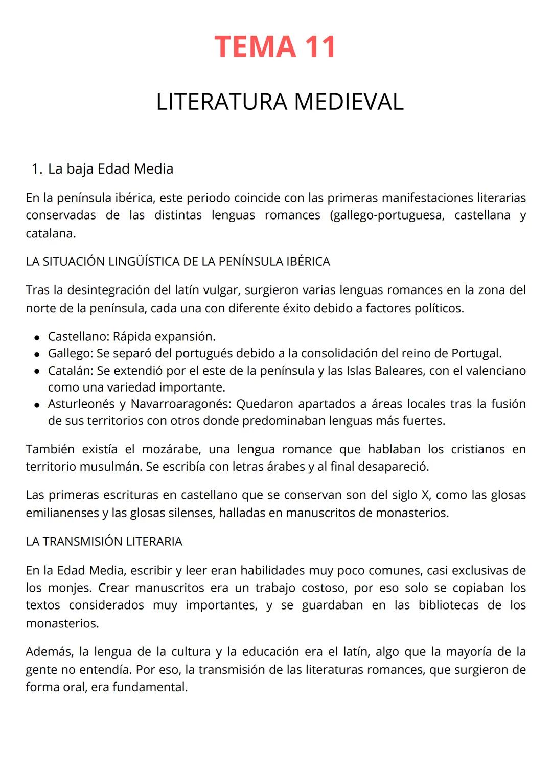 # TEMA 11

# LITERATURA MEDIEVAL

1. La baja Edad Media

En la península ibérica, este periodo coincide con las primeras manifestaciones lit