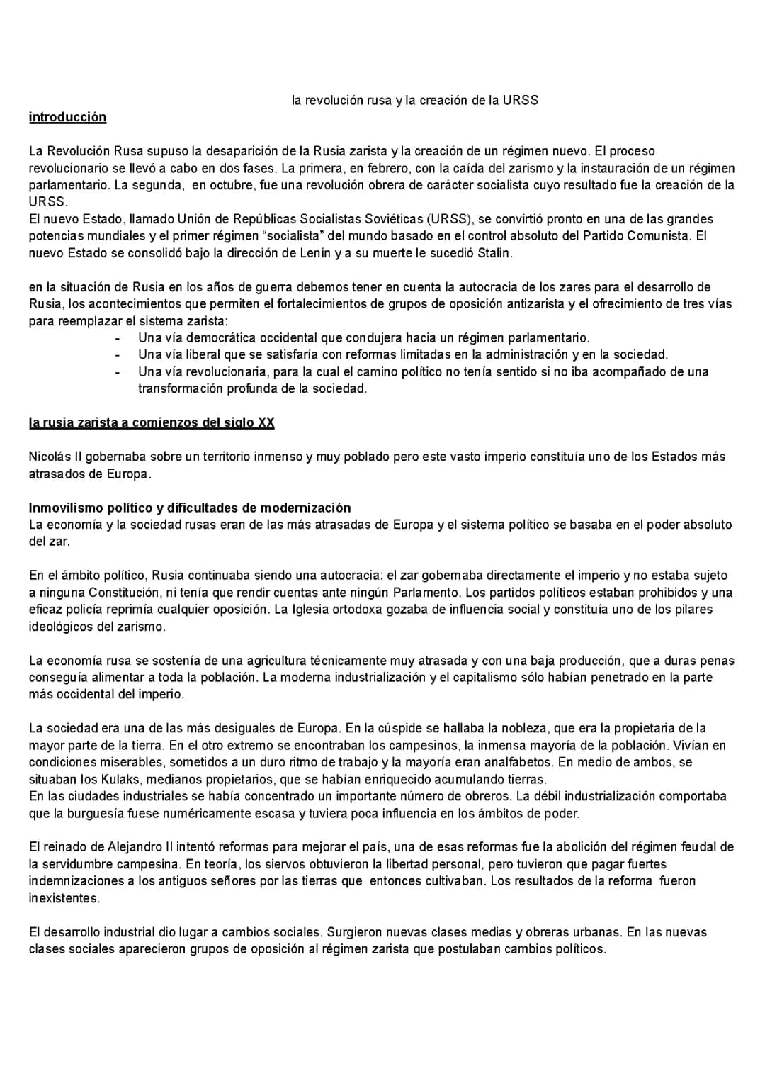 Revolución rusa y creación de la URSS resumen
