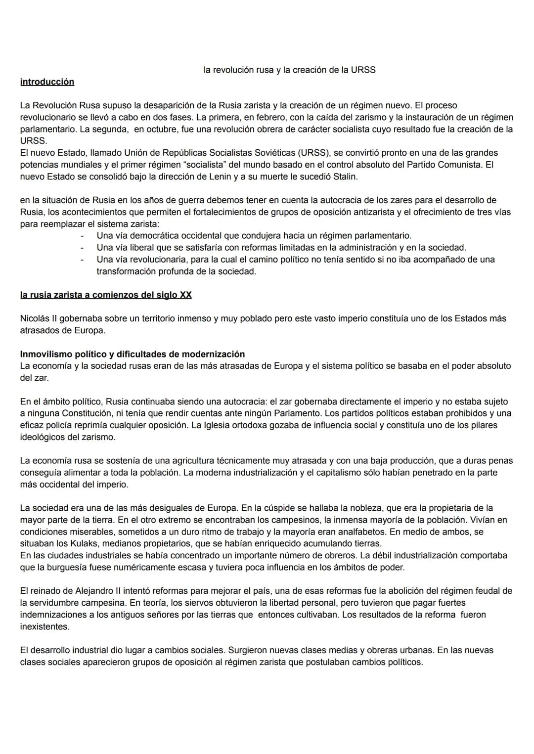 introducción
la revolución rusa y la creación de la URSS
La Revolución Rusa supuso la desaparición de la Rusia zarista y la creación de un r