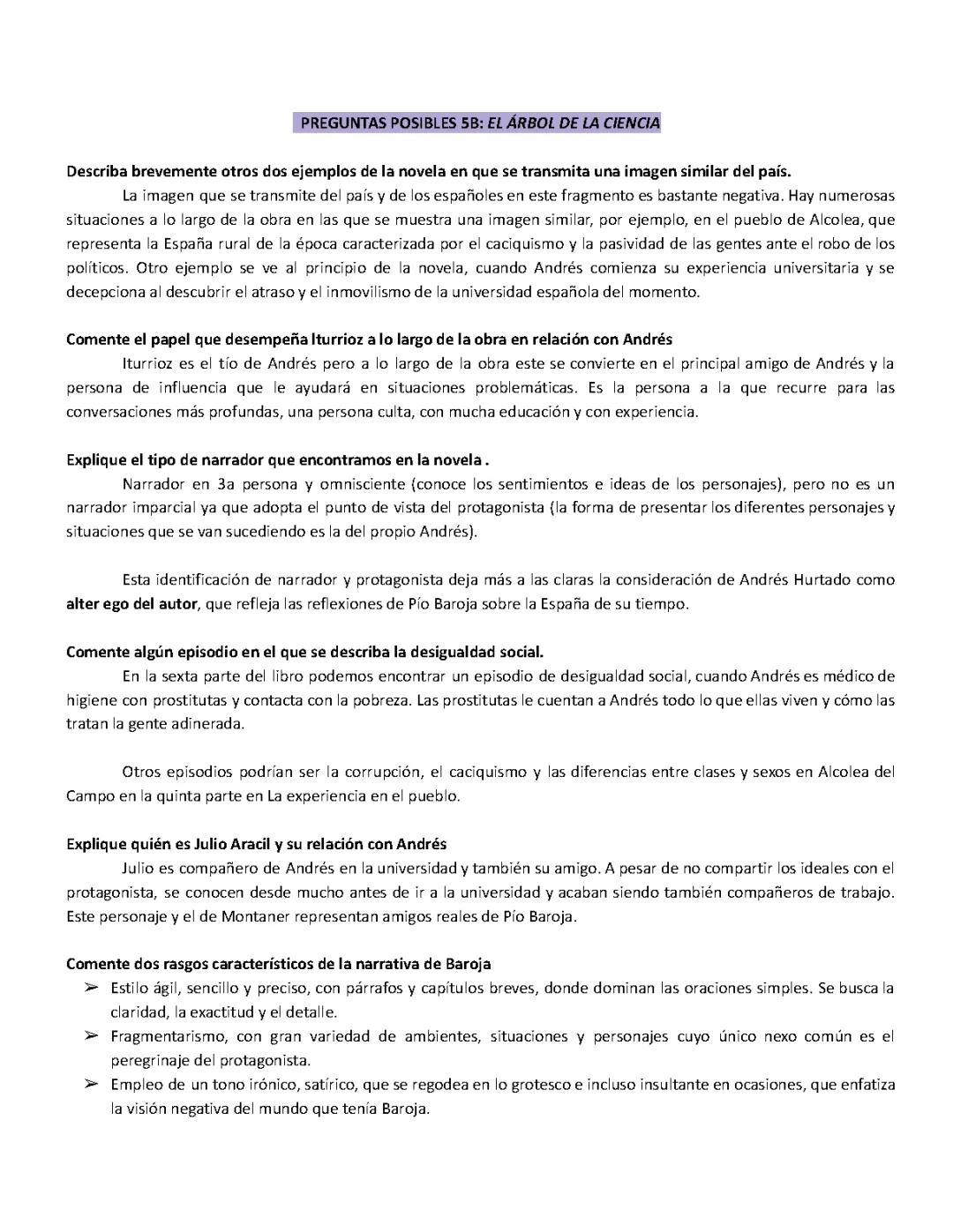 Preguntas y Respuestas de Selectividad El árbol de la ciencia y La casa de Bernarda Alba