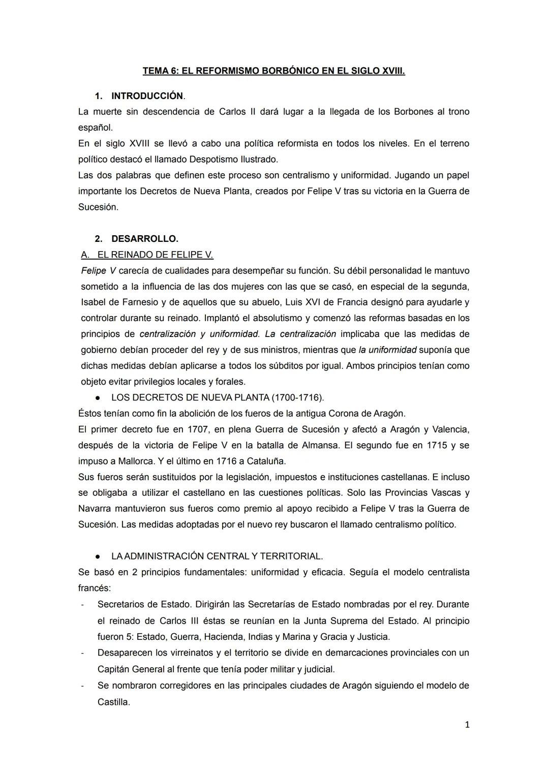 TEMA 6: EL REFORMISMO BORBÓNICO EN EL SIGLO XVIII.
1. INTRODUCCIÓN.
La muerte sin descendencia de Carlos II dará lugar a la llegada de los B