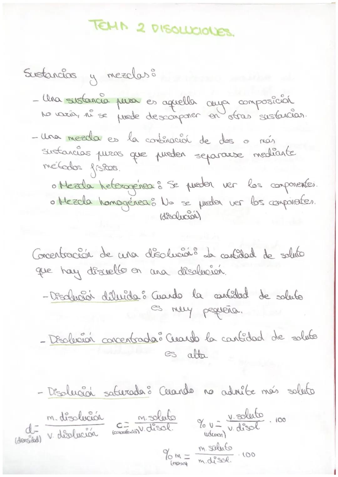 Sustancias
TEMA 2 DISOLUCIONES.
mezclas:
y
- Una sustancia
to varia, the se
pura es
aquella anya composicial
puede descomponer en otras sust