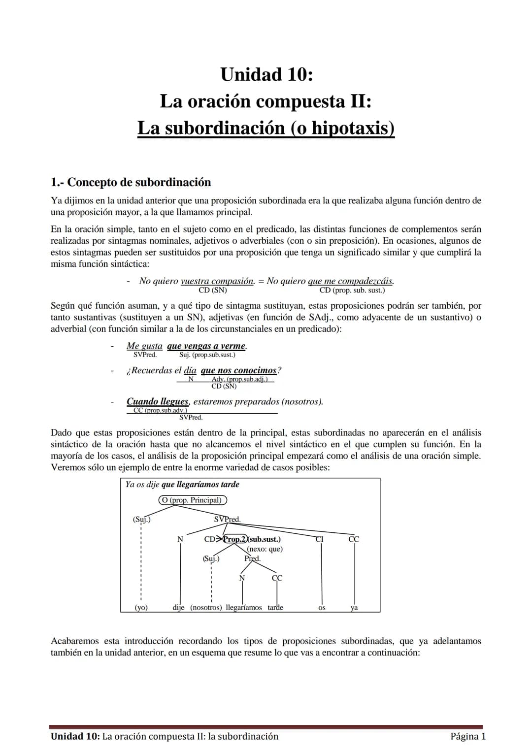 Unidad 10:
La oración compuesta II:
La subordinación (o hipotaxis)
1.- Concepto de subordinación
Ya dijimos en la unidad anterior que una pr