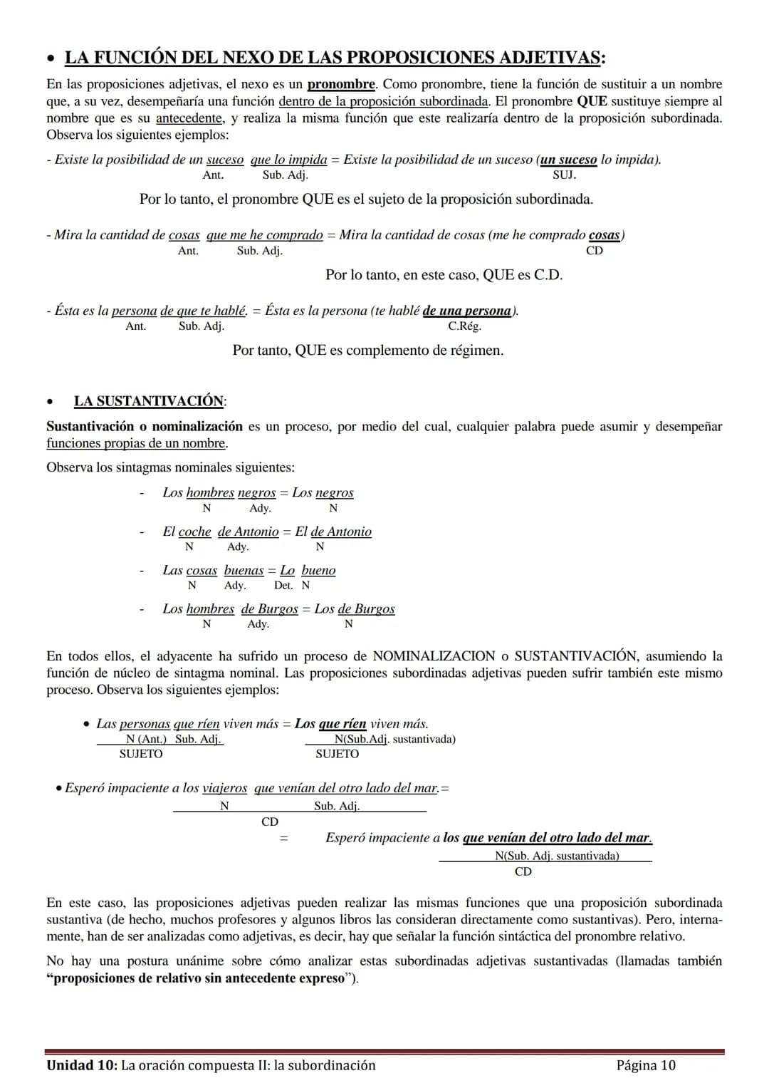 Unidad 10:
La oración compuesta II:
La subordinación (o hipotaxis)
1.- Concepto de subordinación
Ya dijimos en la unidad anterior que una pr