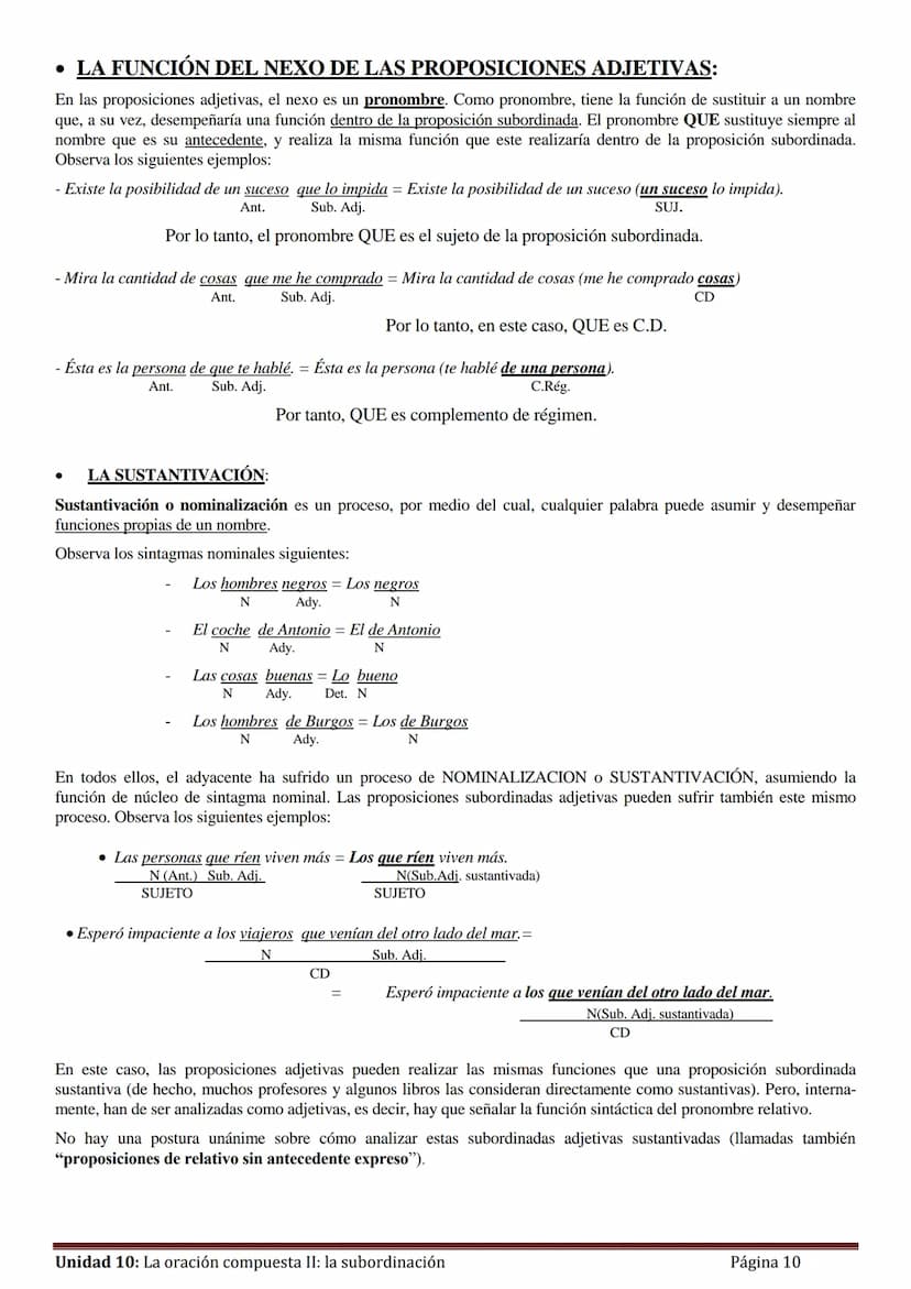 Unidad 10:
La oración compuesta II:
La subordinación (o hipotaxis)
1.- Concepto de subordinación
Ya dijimos en la unidad anterior que una pr