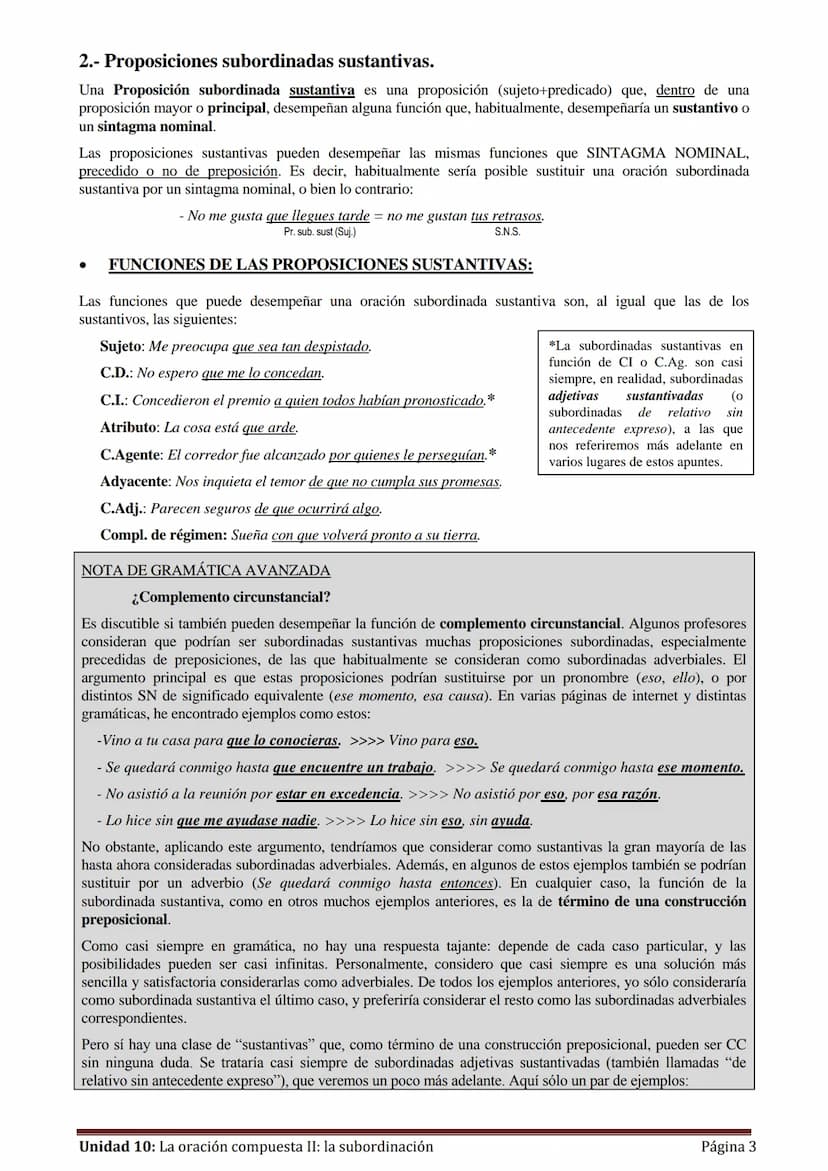 Unidad 10:
La oración compuesta II:
La subordinación (o hipotaxis)
1.- Concepto de subordinación
Ya dijimos en la unidad anterior que una pr