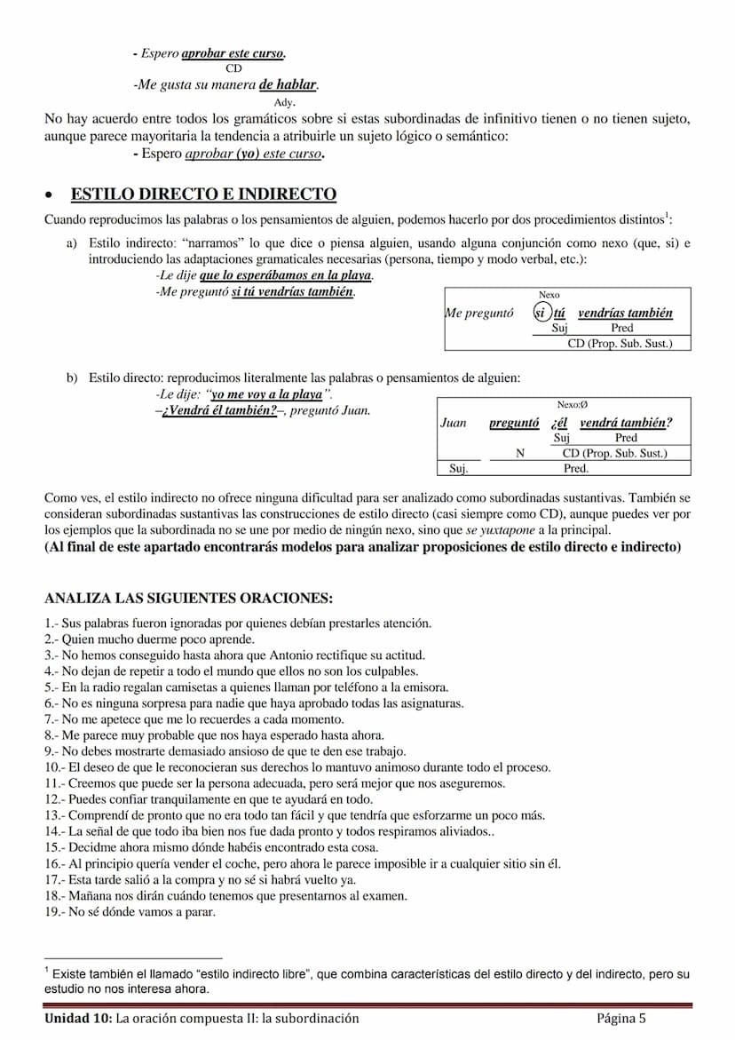 Unidad 10:
La oración compuesta II:
La subordinación (o hipotaxis)
1.- Concepto de subordinación
Ya dijimos en la unidad anterior que una pr