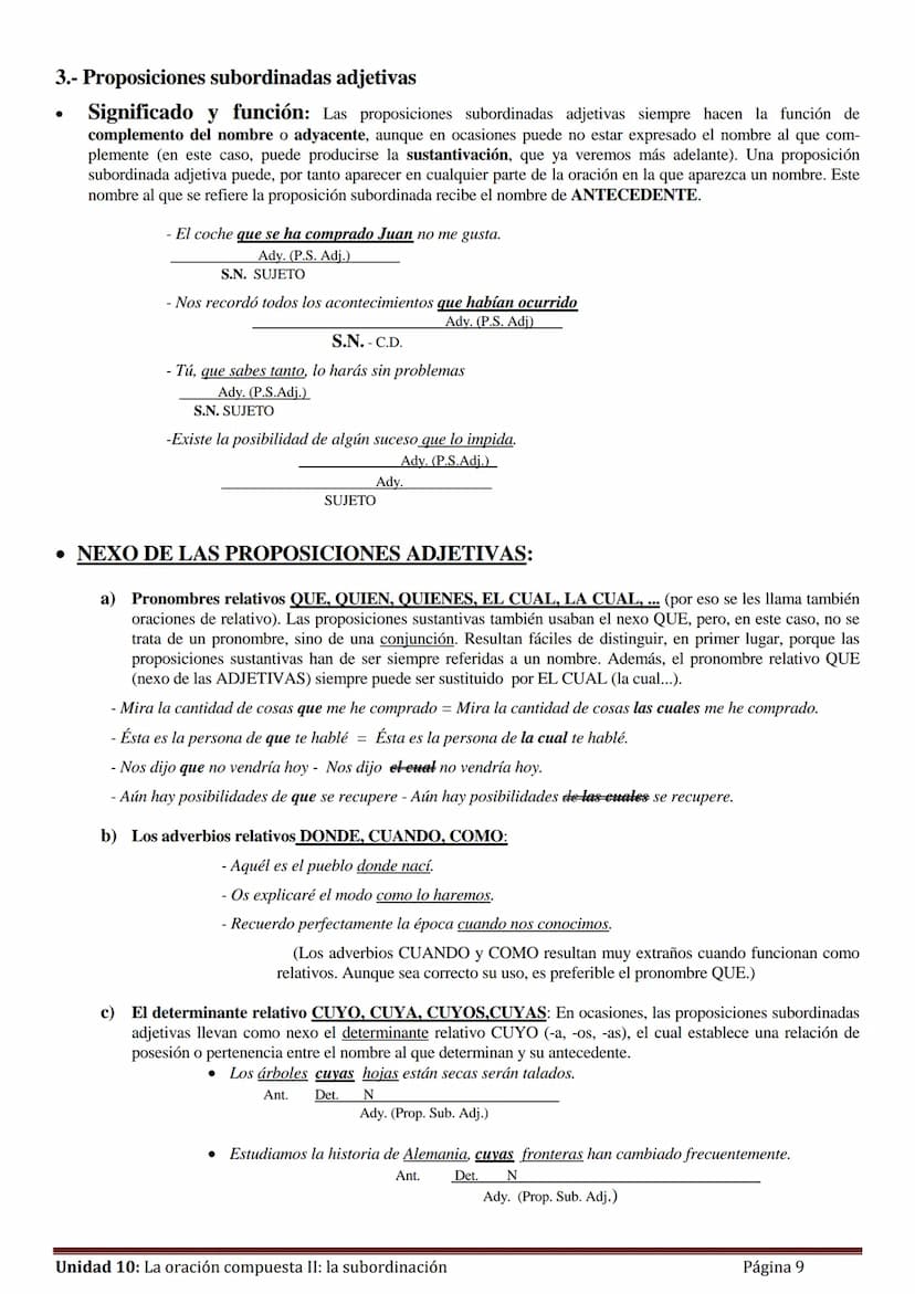 Unidad 10:
La oración compuesta II:
La subordinación (o hipotaxis)
1.- Concepto de subordinación
Ya dijimos en la unidad anterior que una pr