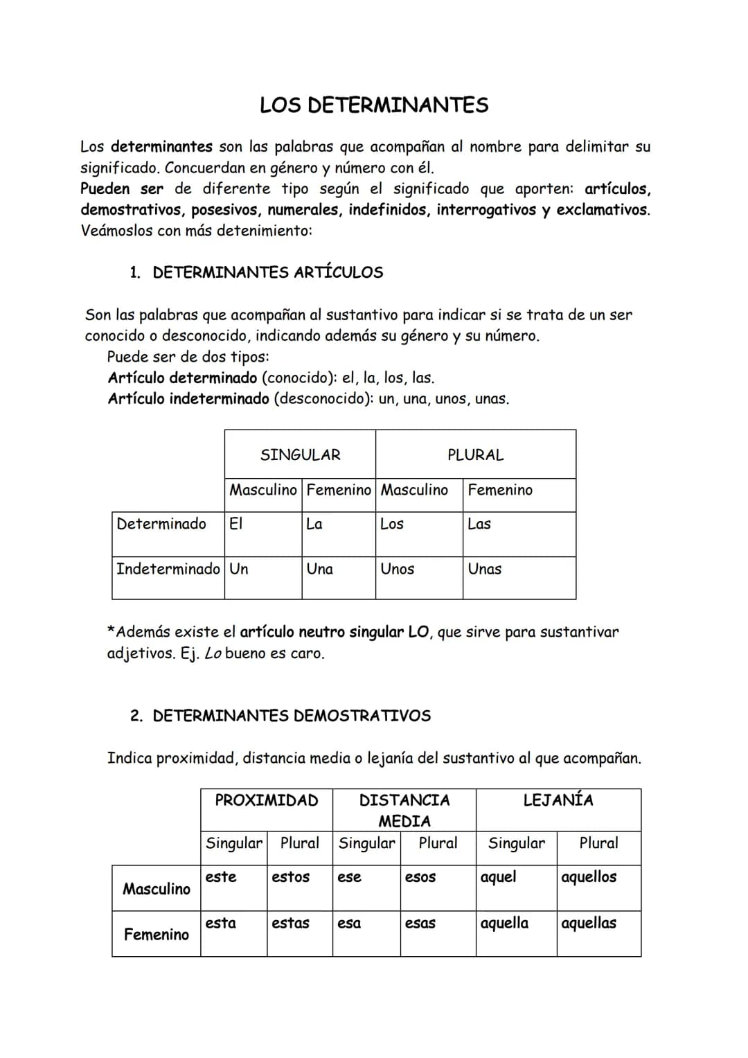 LOS DETERMINANTES
Los determinantes son las palabras que acompañan al nombre para delimitar su
significado. Concuerdan en género y número co