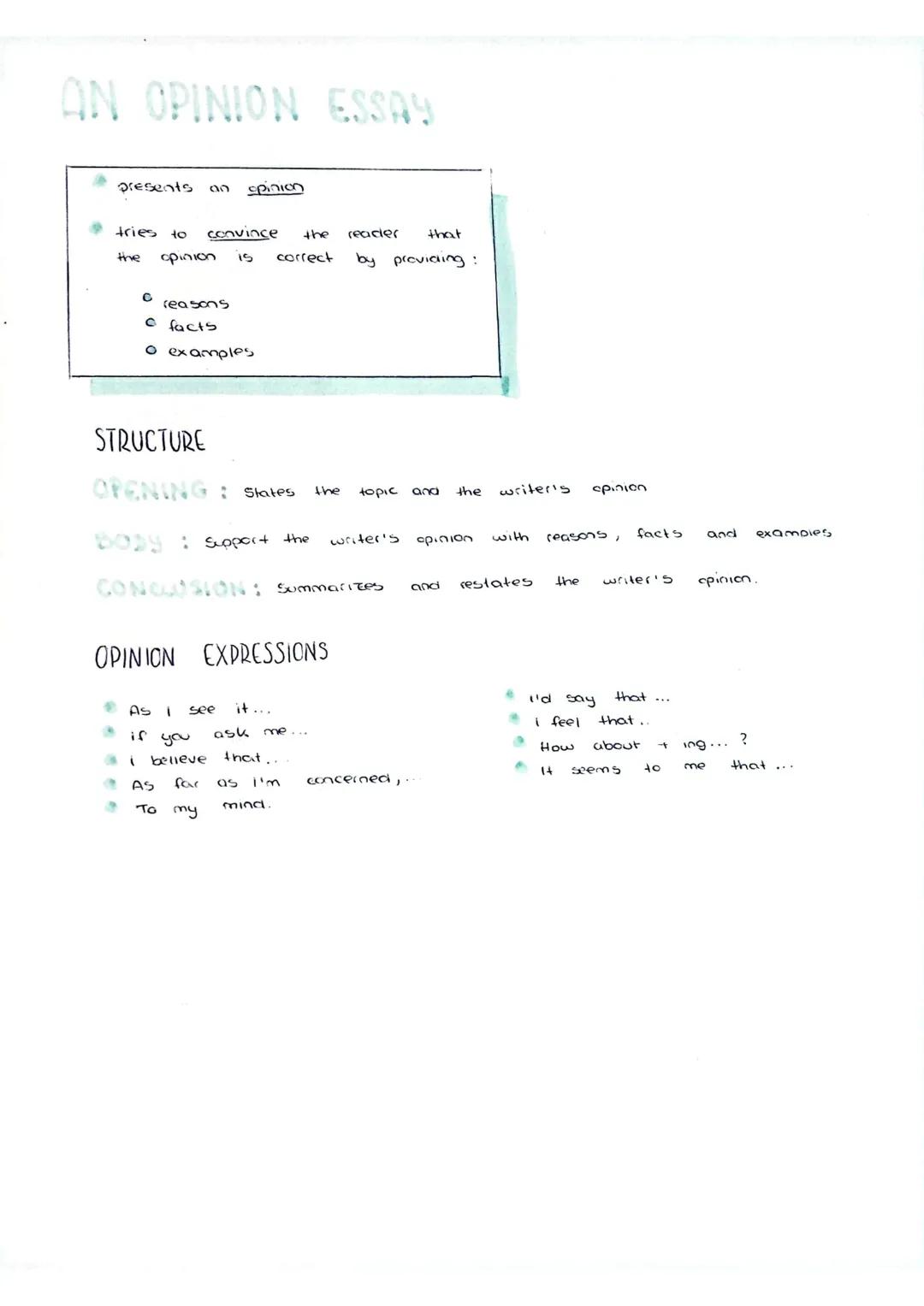 ON OPINION ESSAY
presents
tries to convince
the opinion
reasons
с
© facts
O examples
spinion
51
STRUCTURE
OPENING: States
1
OPINION EXPRESSI
