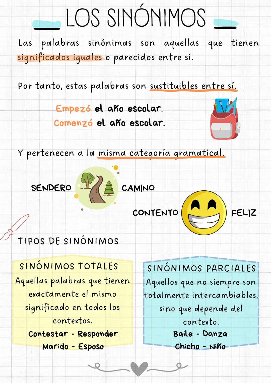 LOS SINÓNIMOS
Las palabras sinónimas son aquellas que tienen
significados iguales o parecidos entre sí.
Por tanto, estas palabras son sustit