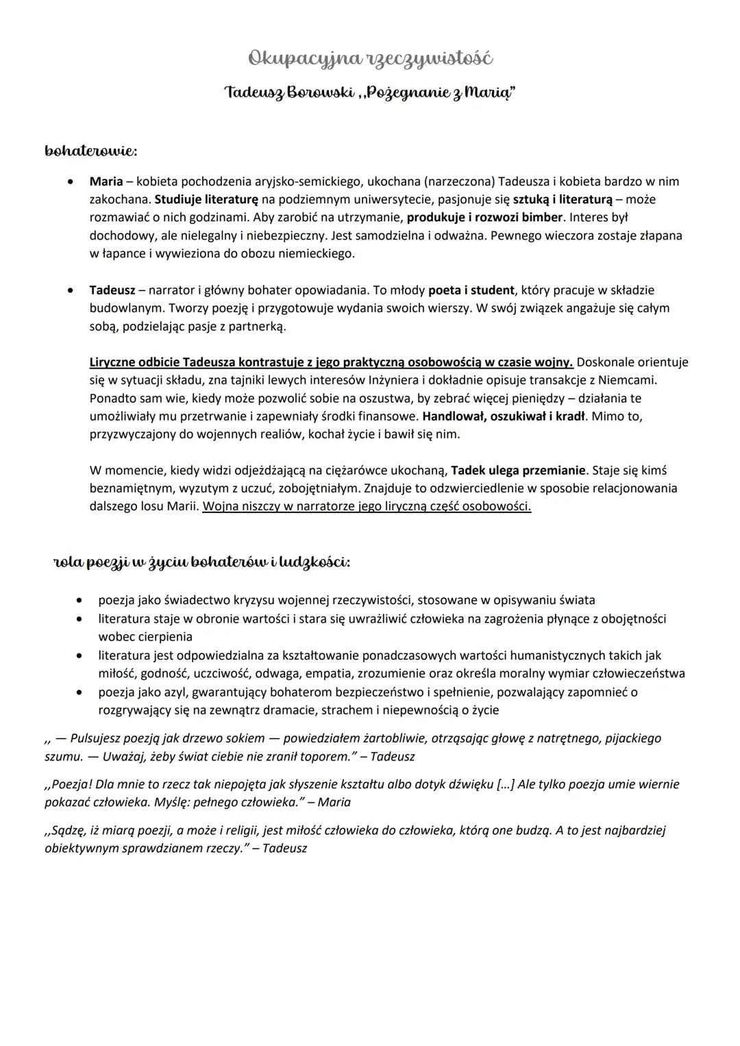 # Okupacyjna rzeczywistość
Tadeusz Borowski, „Pożegnanie z Marią"

bohaterowie:

- Maria - kobieta pochodzenia aryjsko-semickiego, ukochana 
