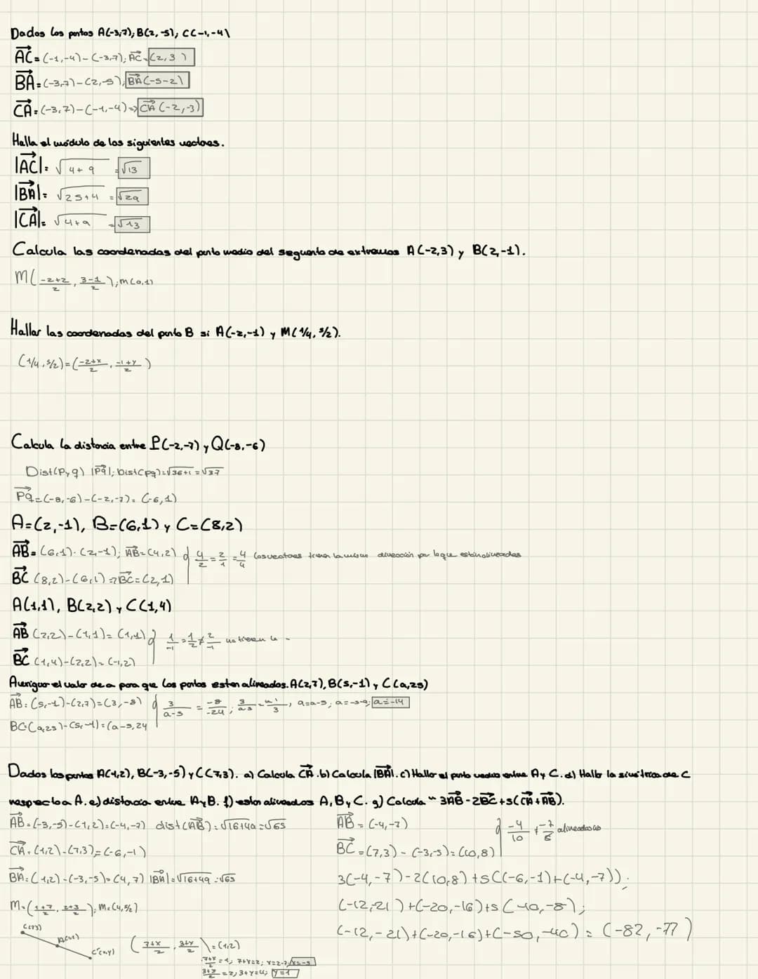 Geometría analítica
Coordenadas y módulos
Coordenadas
Módulo
AB=B-A= (66)-(1,4), AB=(5,2)
Dados los puntos A(-3,7), B(2,-5); CC-1, -41.
AC =