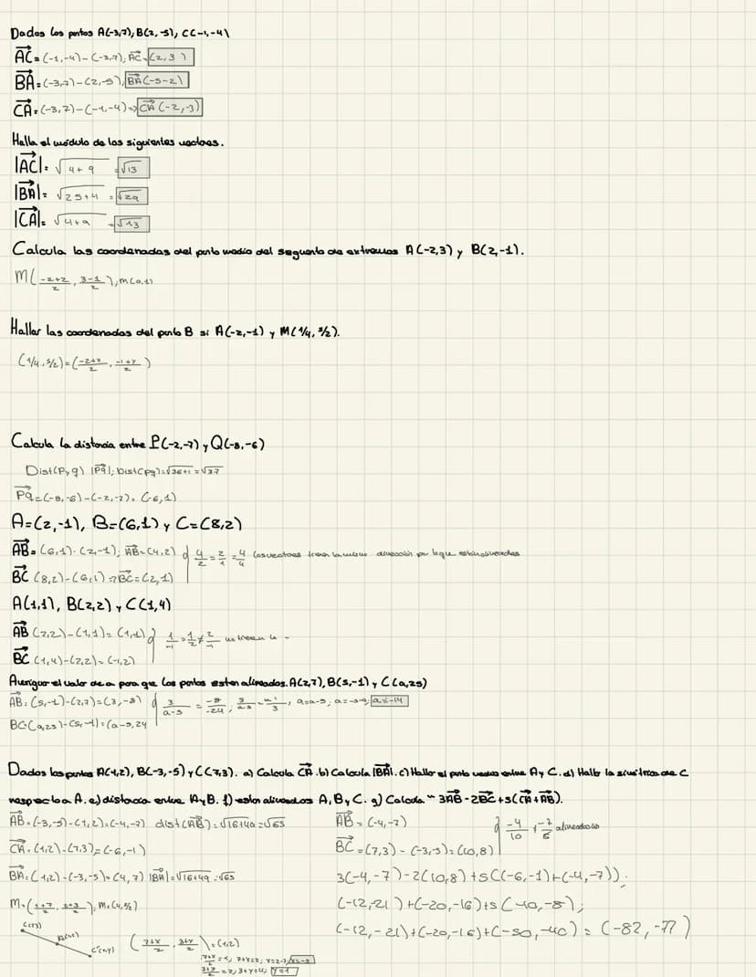 Geometría analítica
Coordenadas y módulos
Coordenadas
Módulo
AB=B-A= (66)-(1,4), AB=(5,2)
Dados los puntos A(-3,7), B(2,-5); CC-1, -41.
AC =