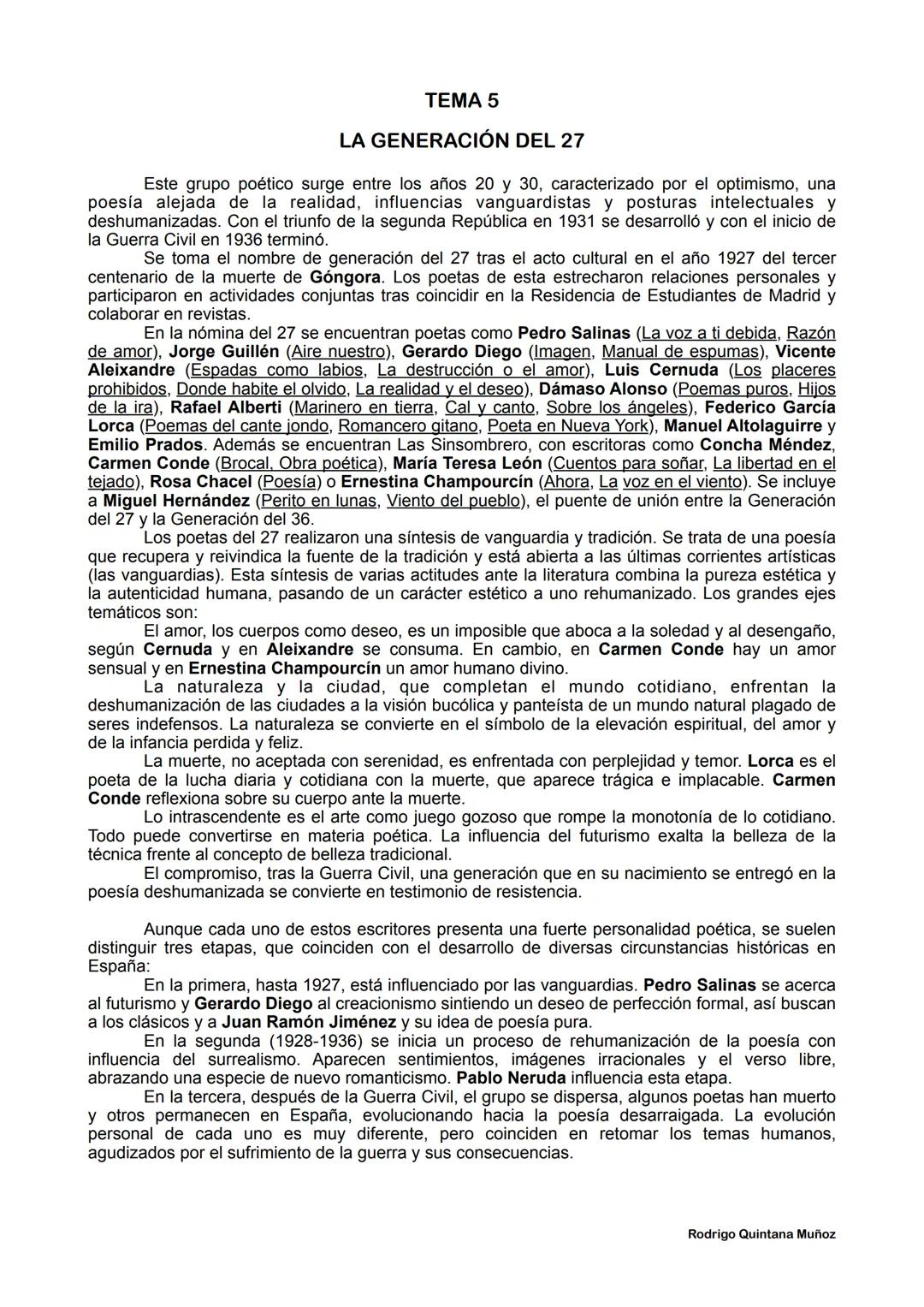 TEMA 5
LA GENERACIÓN DEL 27
Este grupo poético surge entre los años 20 y 30, caracterizado por el optimismo, una
poesía alejada de la realid