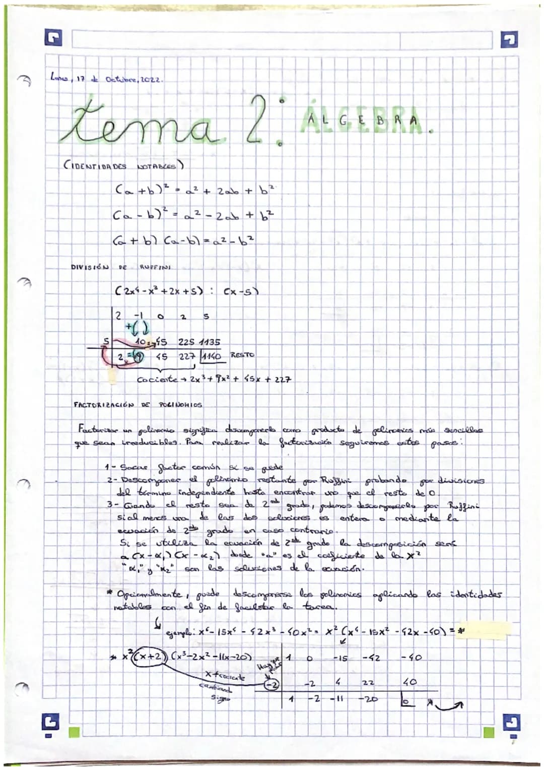 (
C
L
Lunes, 17 de Octubre, 2022.
tema 2 ALGEBRA
6
CIDENTIDADES NOTABLES)
(a + b)² = a ² + 2ab + b²:
(a - b) ².
2²-2ab + b²
(a + b) (a - b) 