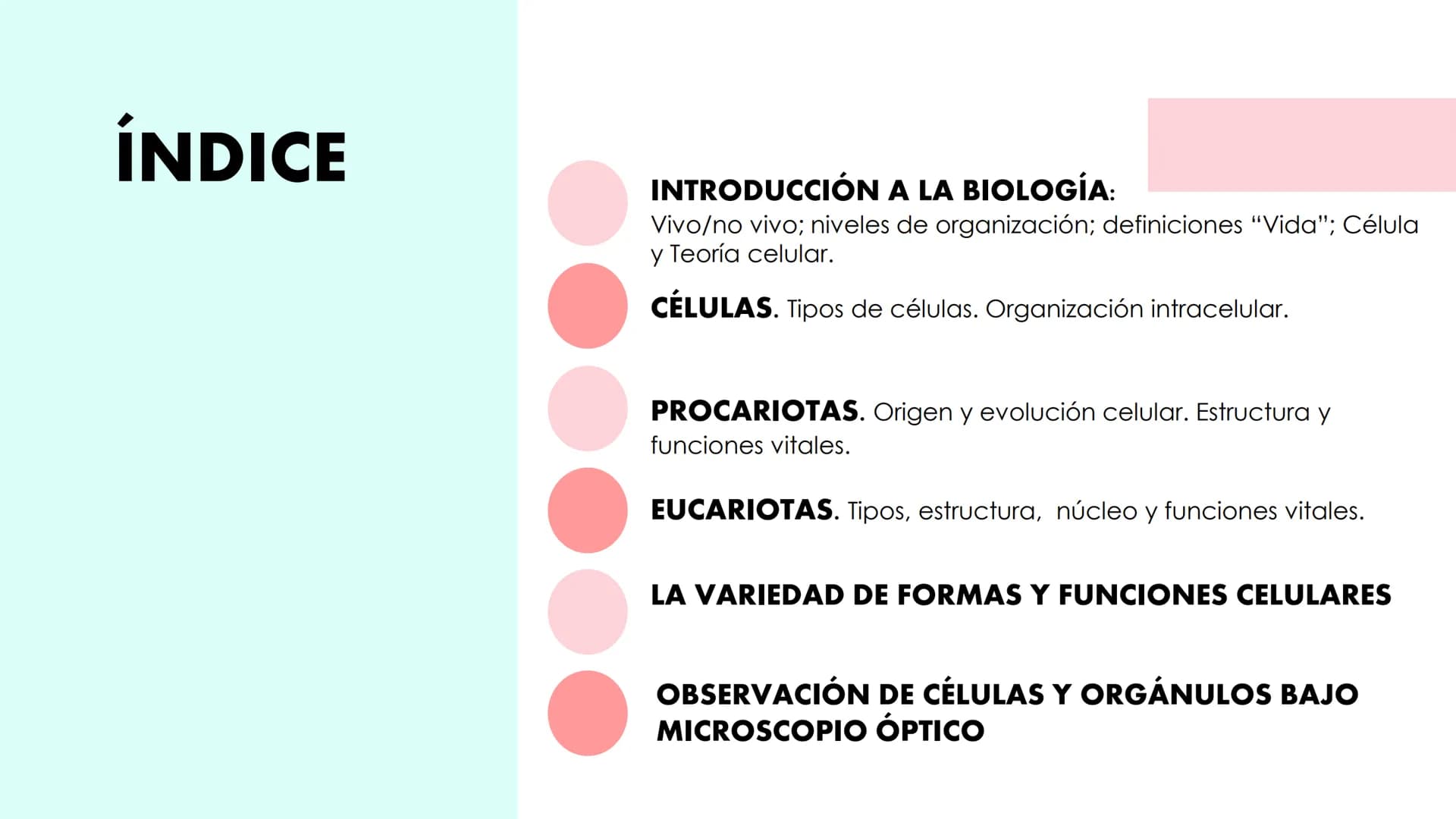 Canva
Canga
UNIDAD 1.
CÉLULA ÍNDICE
INTRODUCCIÓN A LA BIOLOGÍA:
Vivo/no vivo; niveles de organización; definiciones "Vida"; Célula
y Teoría 