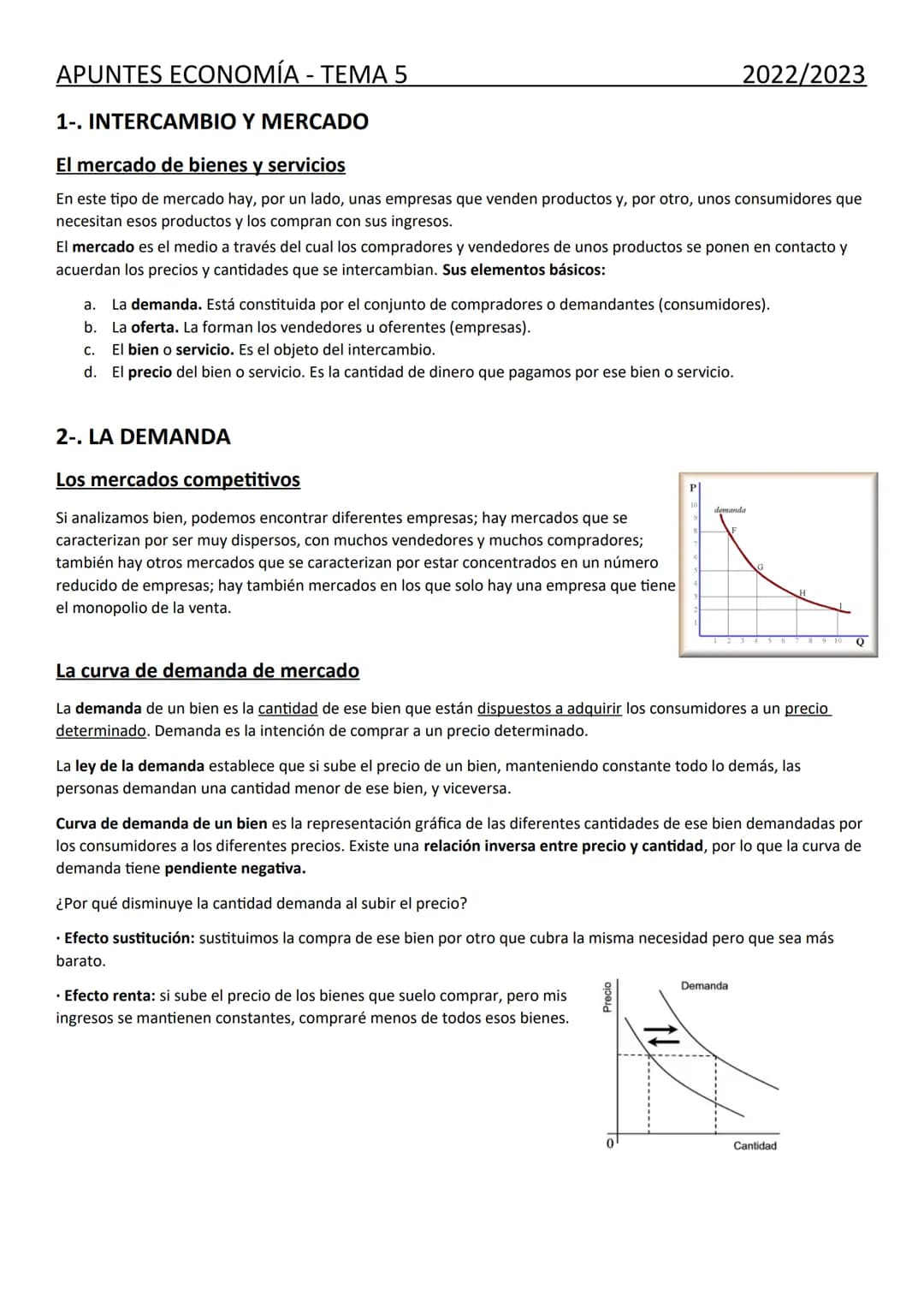 APUNTES ECONOMÍA - TEMA 5
1-. INTERCAMBIO Y MERCADO
El mercado de bienes y servicios
En este tipo de mercado hay, por un lado, unas empresas