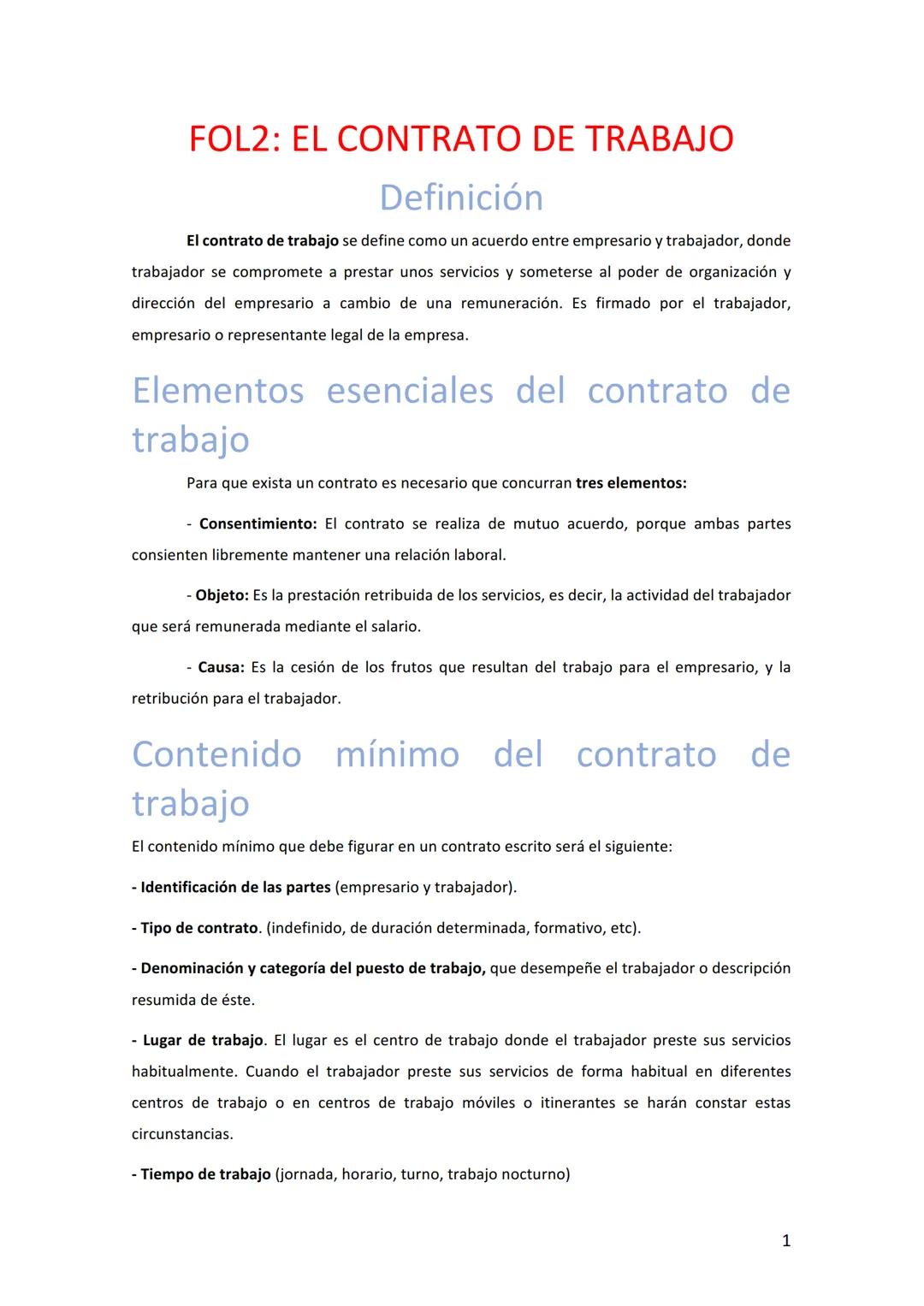 FOL2: EL CONTRATO DE TRABAJO
Definición
El contrato de trabajo se define como un acuerdo entre empresario y trabajador, donde
trabajador se 