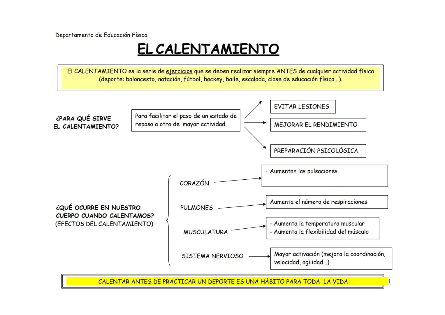 Departamento de Educación Física
EL CALENTAMIENTO
EI CALENTAMIENTO es la serie de ejercicios que se deben realizar siempre ANTES de cualquie