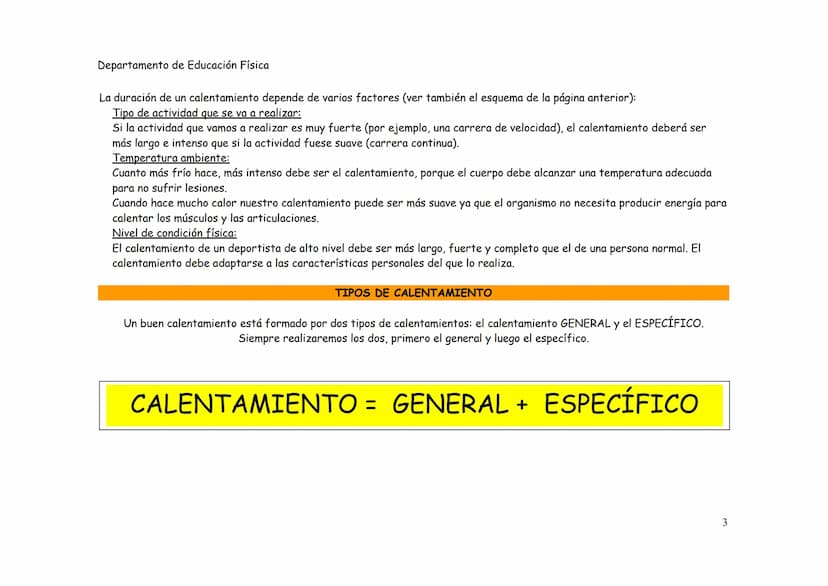 Departamento de Educación Física
EL CALENTAMIENTO
EI CALENTAMIENTO es la serie de ejercicios que se deben realizar siempre ANTES de cualquie