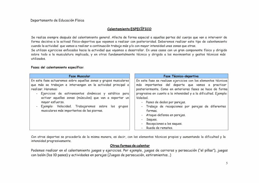Departamento de Educación Física
EL CALENTAMIENTO
EI CALENTAMIENTO es la serie de ejercicios que se deben realizar siempre ANTES de cualquie