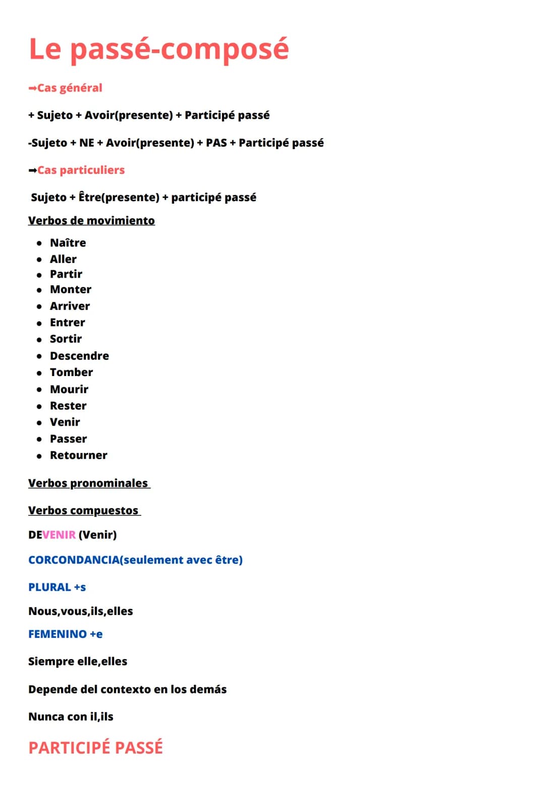 Le passé-composé
➡Cas général
+ Sujeto + Avoir(presente) + Participé passé
-Sujeto + NE + Avoir(presente) + PAS + Participé passé
➡Cas parti