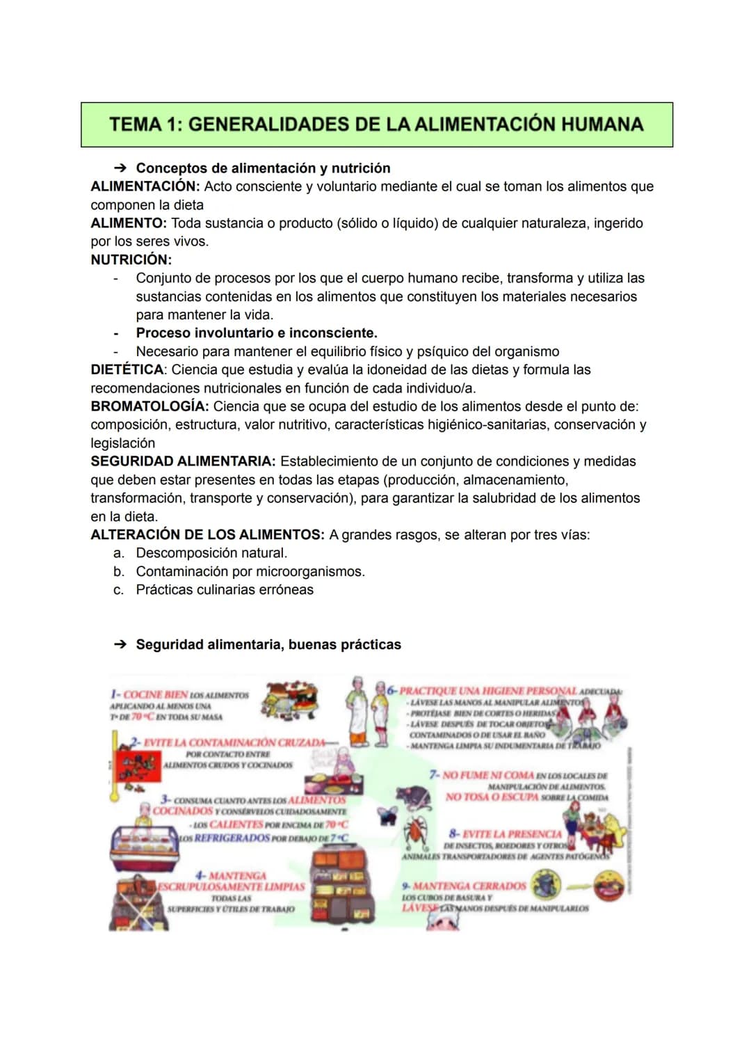
<p>El tema 1 abarca las generalidades de la alimentación humana. Incluye los conceptos de alimentación y nutrición. La alimentación se defi
