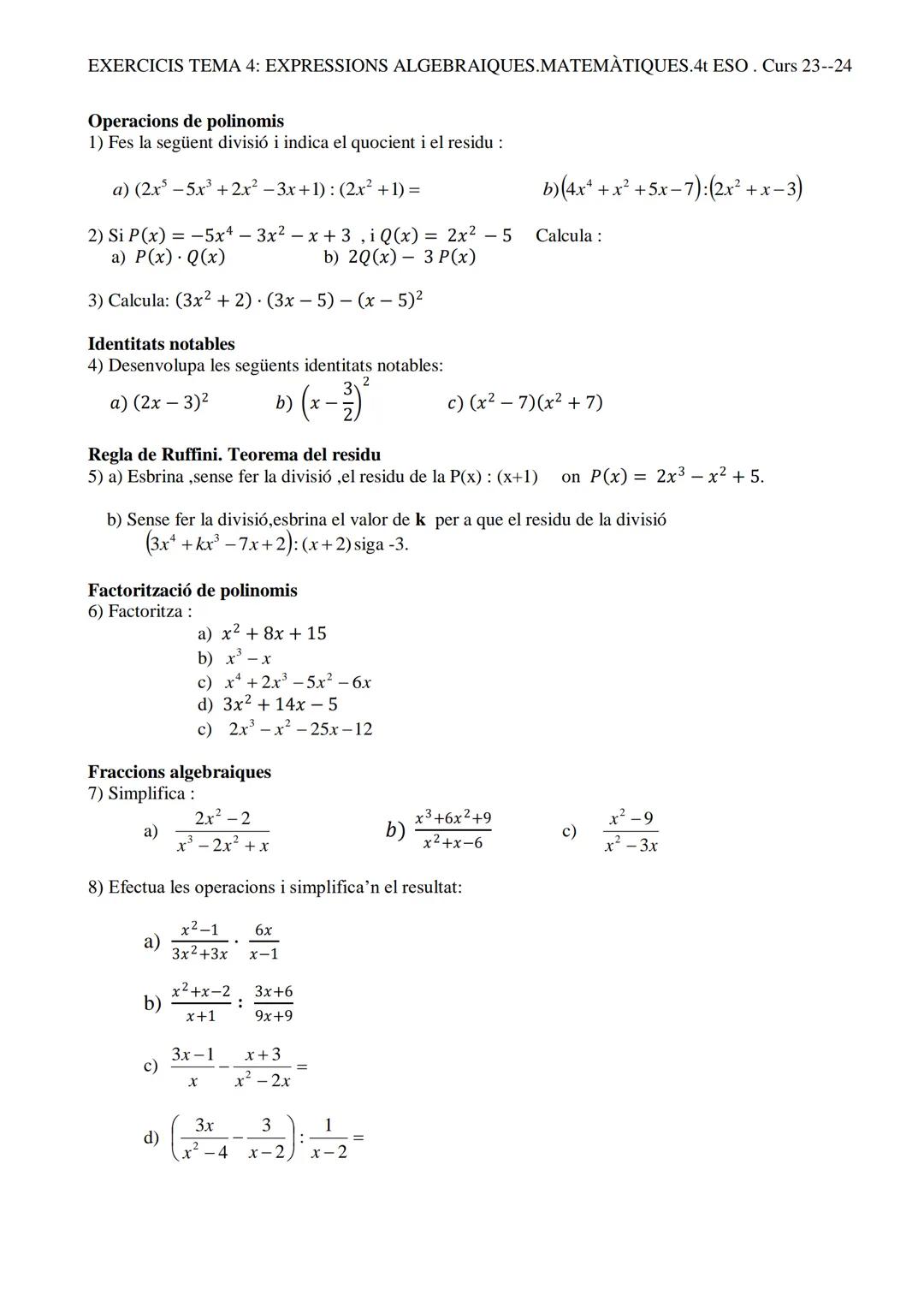 Operaciones algebraicas: Ejercicios y factorización