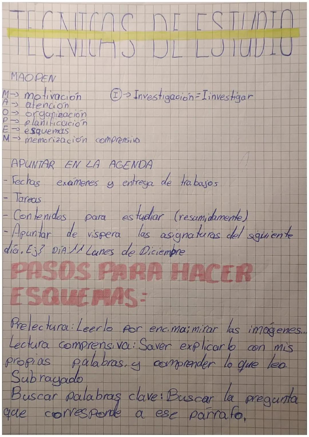 TECNICAS DE ESTUDIO
DE ESTUDI
TECNICAS DE LO TUDIU
MAOPEN
M-) motivación (1)-> Investigación - I investigar
A-> atención
0→ organización
P- 