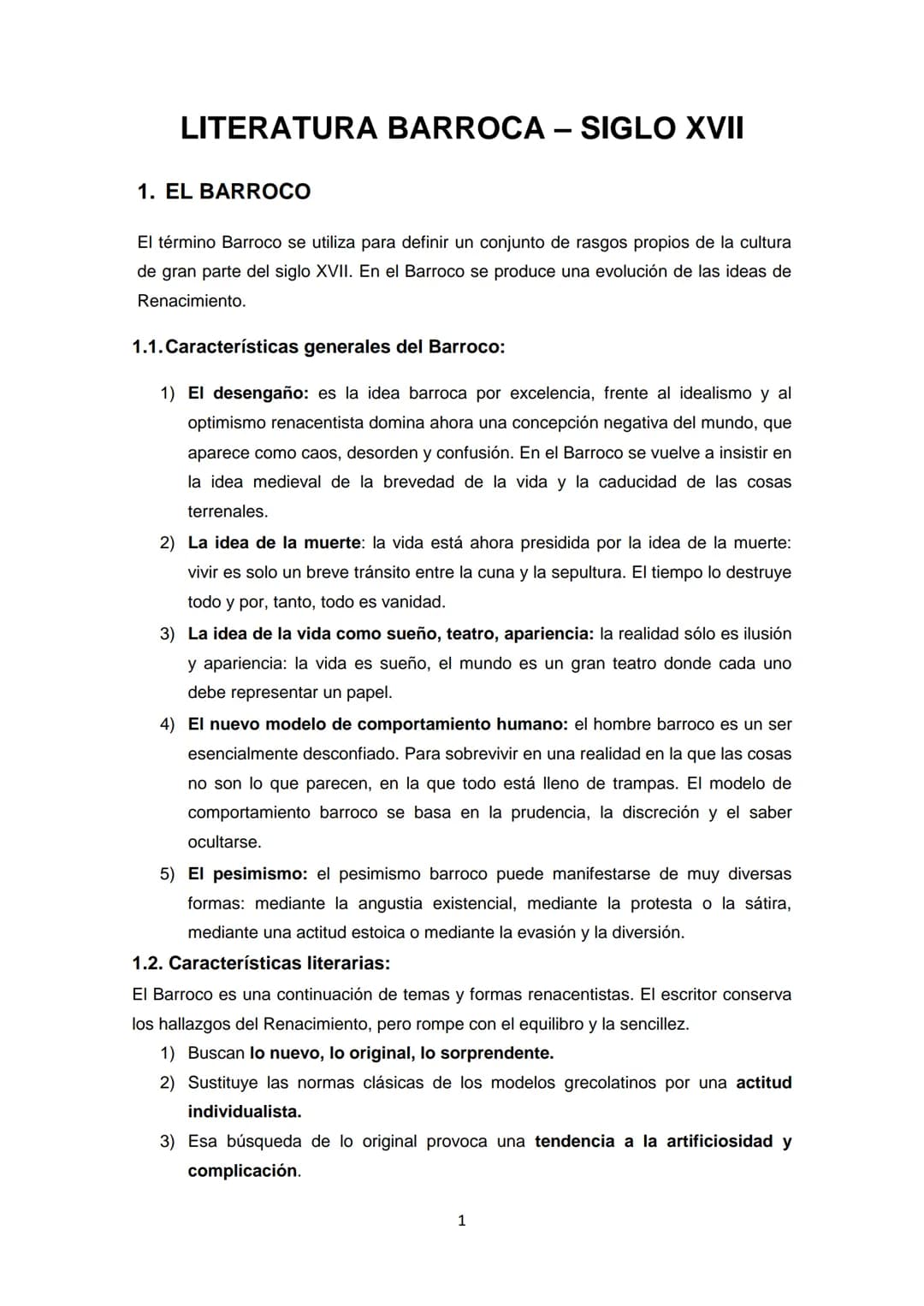 LITERATURA BARROCA - SIGLO XVII
1. EL BARROCO
El término Barroco se utiliza para definir un conjunto de rasgos propios de la cultura
de gran