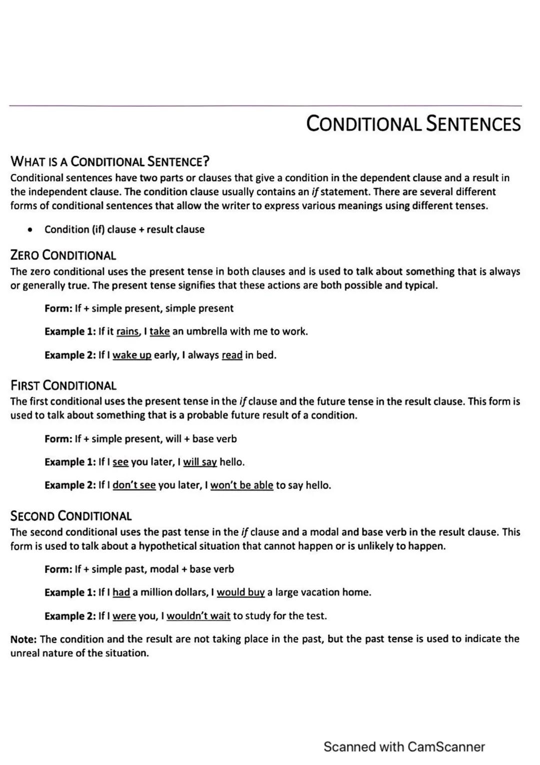 CONDITIONAL SENTENCES
WHAT IS A CONDITIONAL SENTENCE?
Conditional sentences have two parts or clauses that give a condition in the dependent