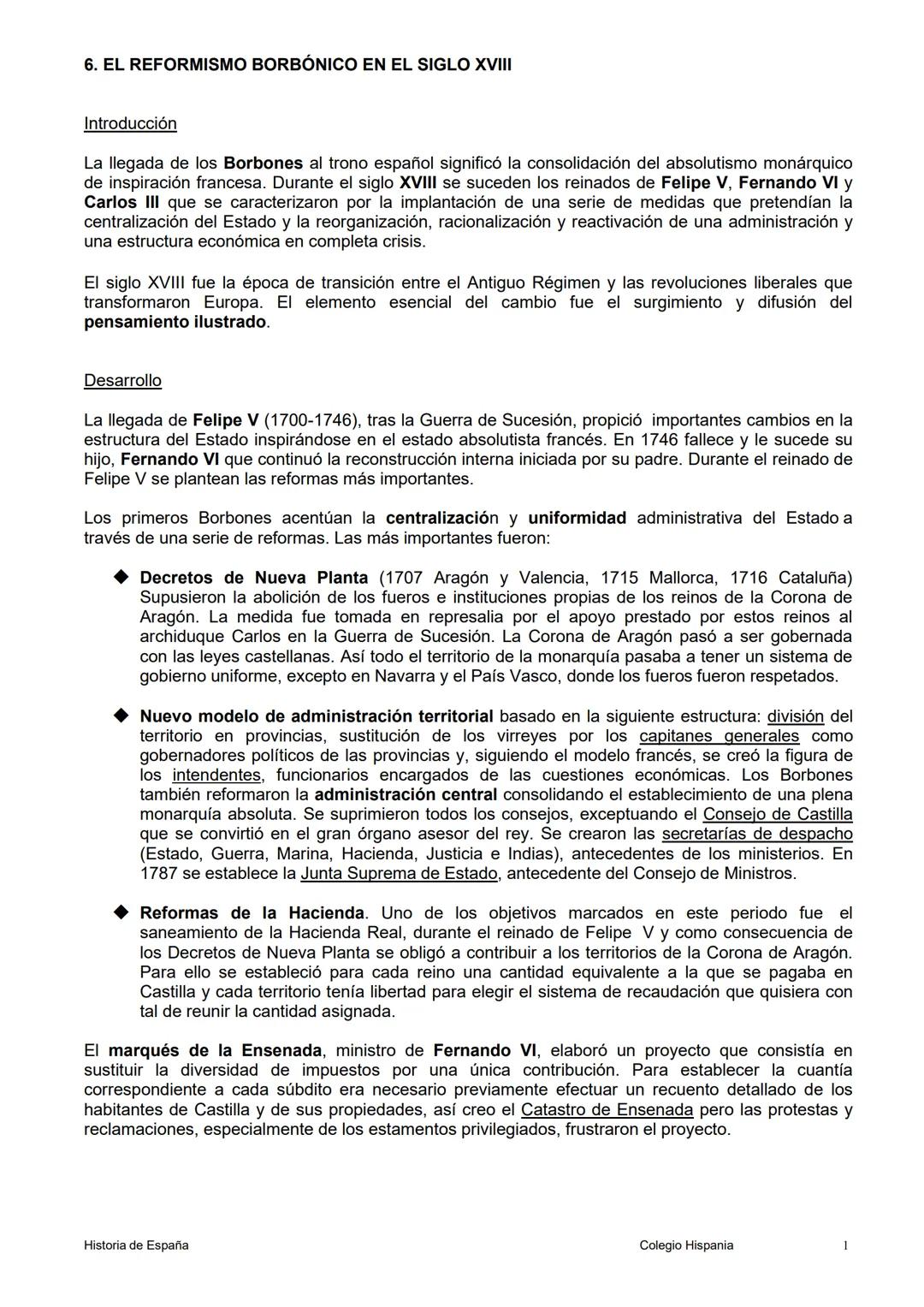 6. EL REFORMISMO BORBÓNICO EN EL SIGLO XVIII
Introducción
La llegada de los Borbones al trono español significó la consolidación del absolut