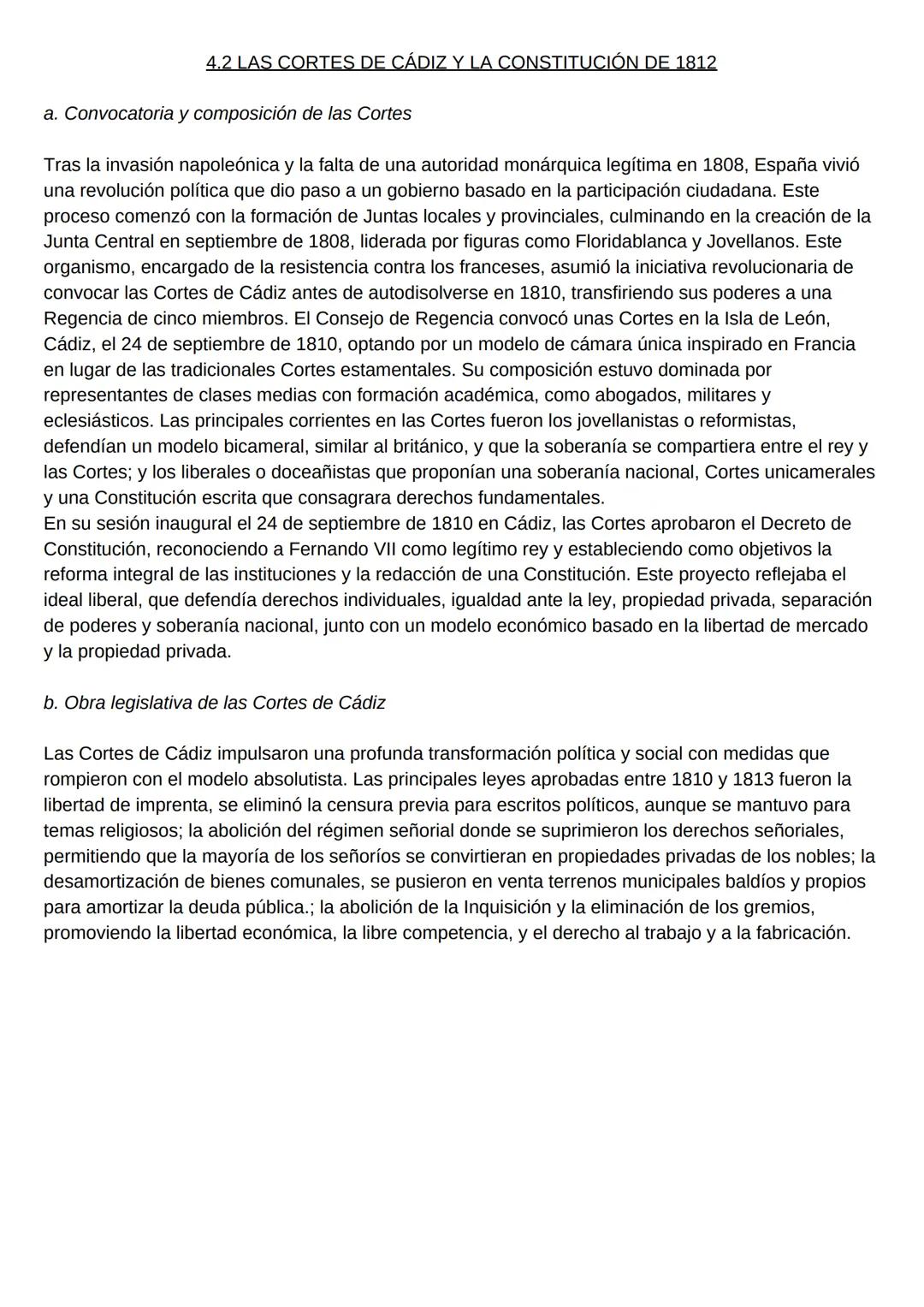 4.2 LAS CORTES DE CÁDIZ Y LA CONSTITUCIÓN DE 1812
a. Convocatoria y composición de las Cortes
Tras la invasión napoleónica y la falta de una