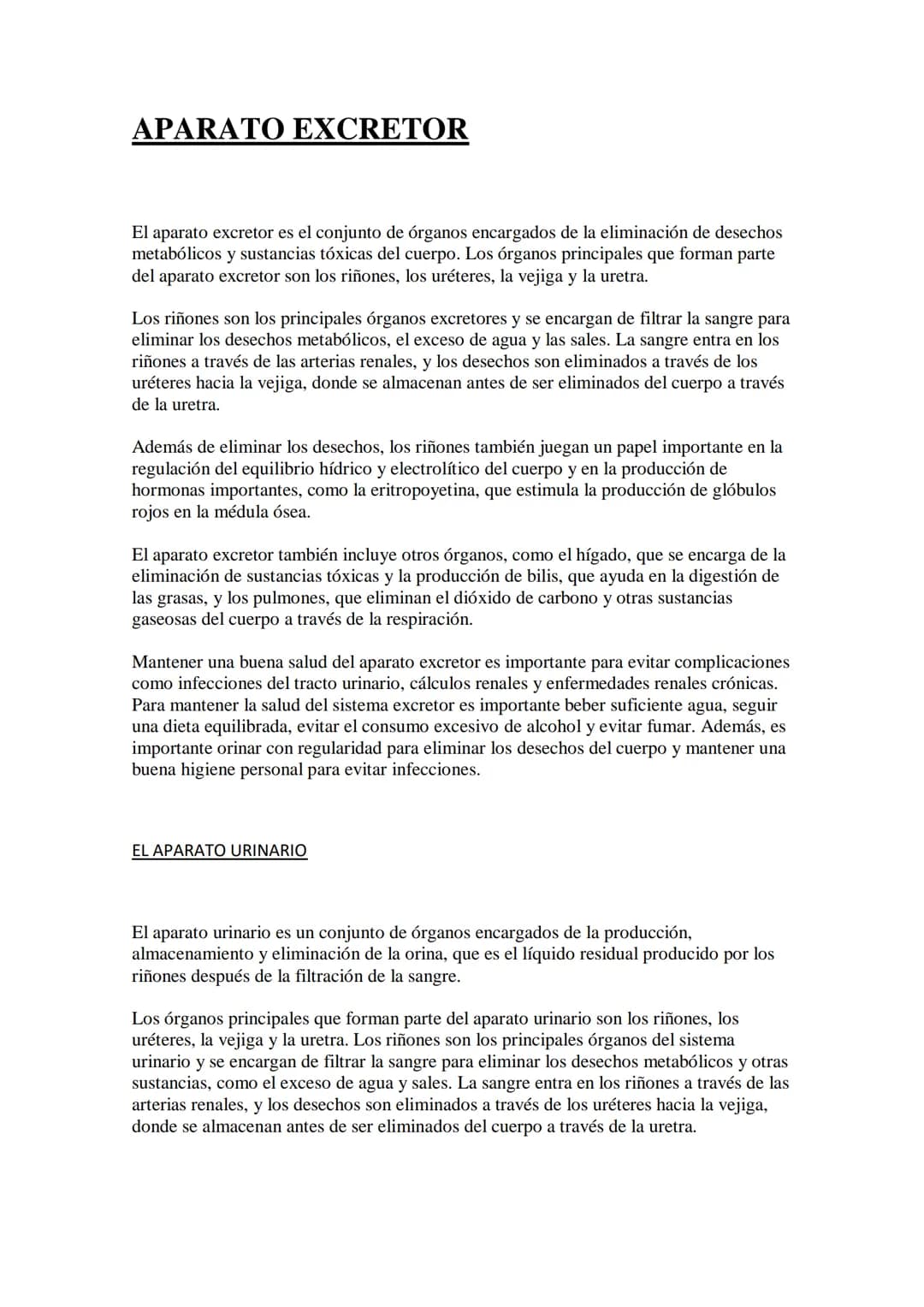APARATO EXCRETOR
El aparato excretor es el conjunto de órganos encargados de la eliminación de desechos
metabólicos y sustancias tóxicas del