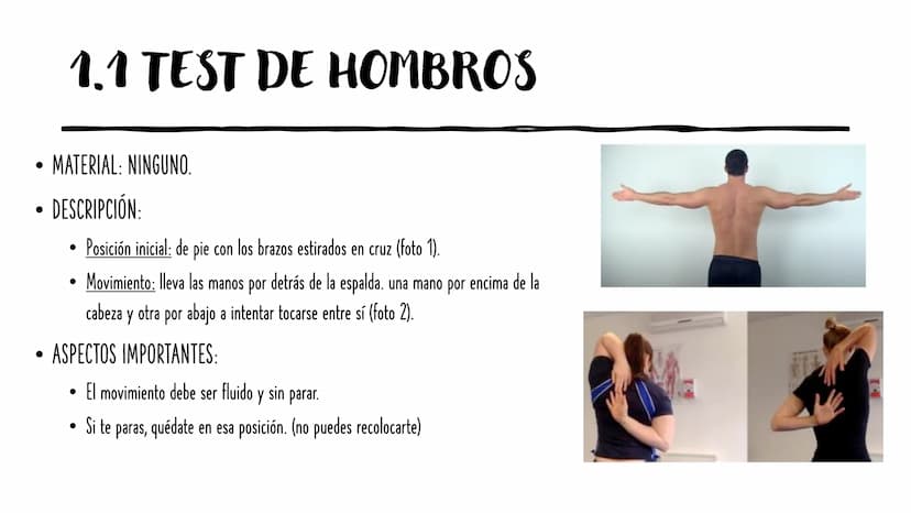 
<h2 id="testdemovilidad">Test de Movilidad</h2>
<h3 id="testdehombros">Test de Hombros</h3>
<p>MATERIAL: Ninguno.</p>
<p>DESCRIPCIÓN: La po