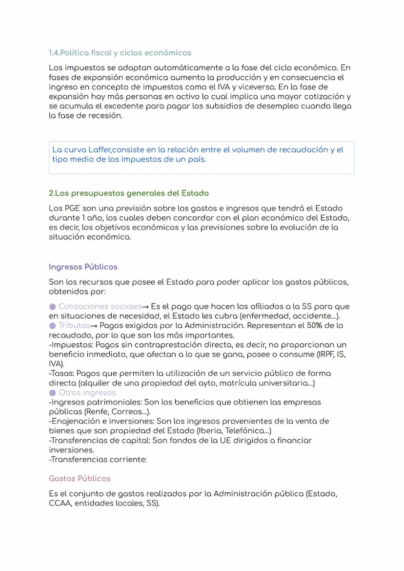 Tema 9: Las cuentas del estado
1.1.La politica fiscal
La política fiscal es la actuación del sector público mediante la recaudación y
la pos