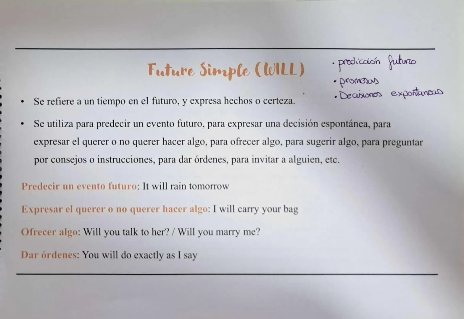 Future Simple (WILL)
Se refiere a un tiempo en el futuro, y expresa hechos o certeza.
• Se utiliza para predecir un evento futuro, para expr
