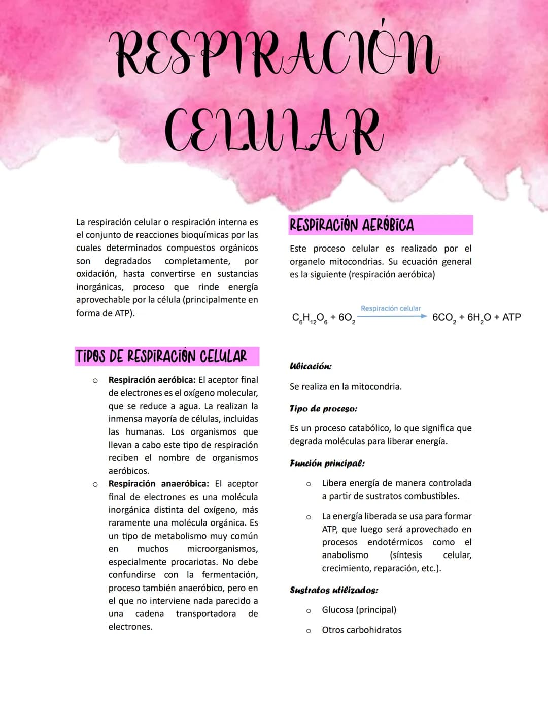 --- OCR Start ---
RESPIRACIÓN
CELULAR
La respiración celular o respiración interna es
el conjunto de reacciones bioquímicas por las
cuales d