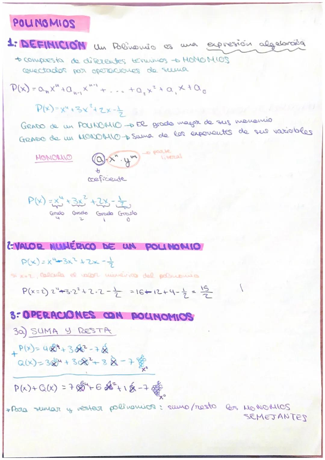 POLINOMIOS
1:DEFINICIÓN un Polinomio es
→ compuesta de diferentes termines to HONOMIOS
conectados por operaciones de summa
+9₂x² + ax + ag
P