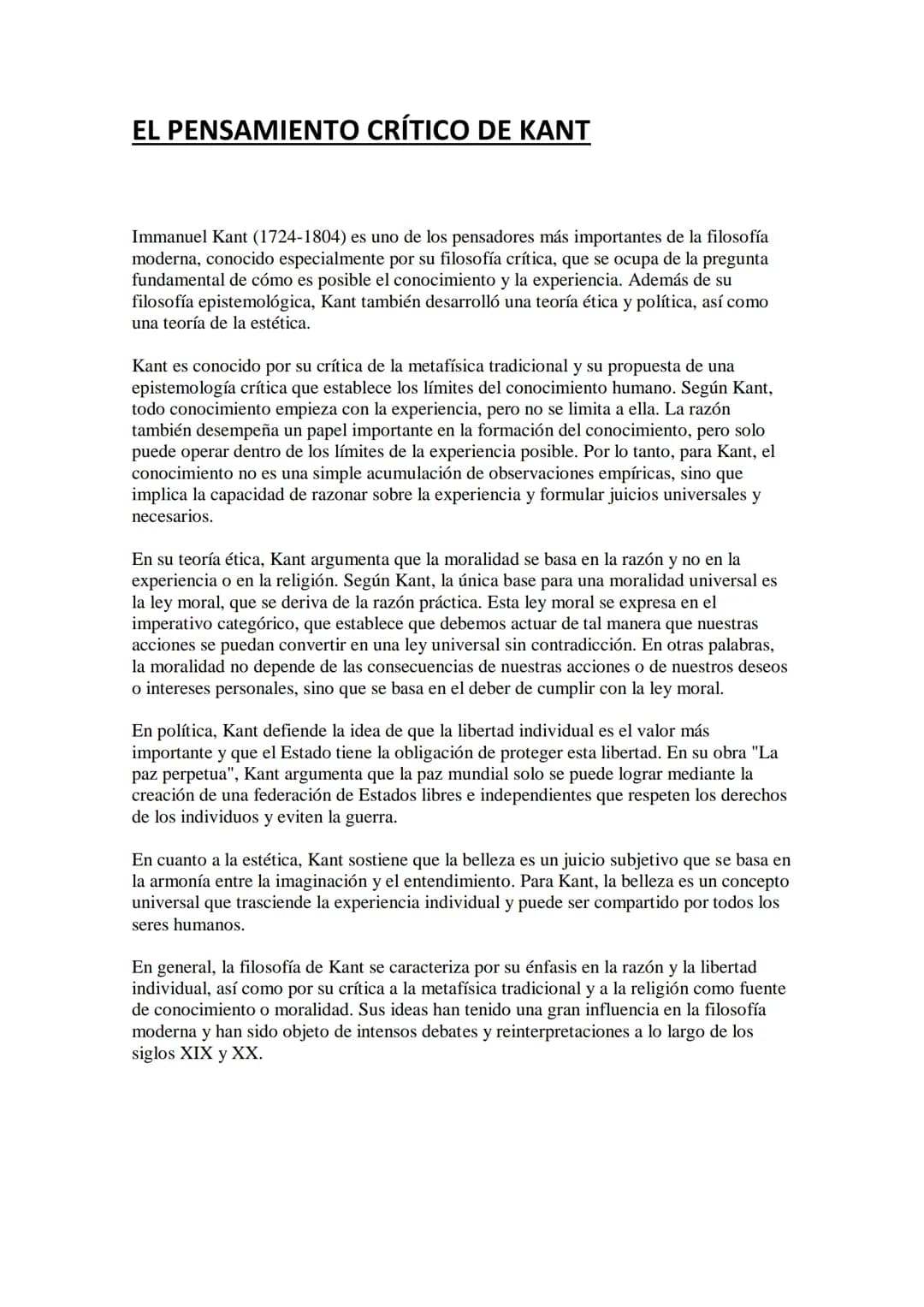 EL PENSAMIENTO CRÍTICO DE KANT
Immanuel Kant (1724-1804) es uno de los pensadores más importantes de la filosofía
moderna, conocido especial