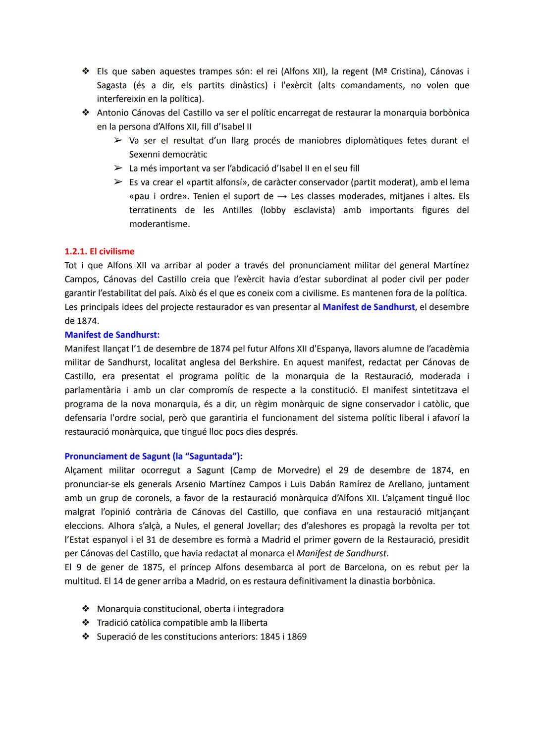 # LA RESTAURACIÓ

1. SISTEMA POLÍTIC DE LA RESTAURACIÓ

1.1. Definició

Període de la història d'Espanya que comprèn des del desembre de 187