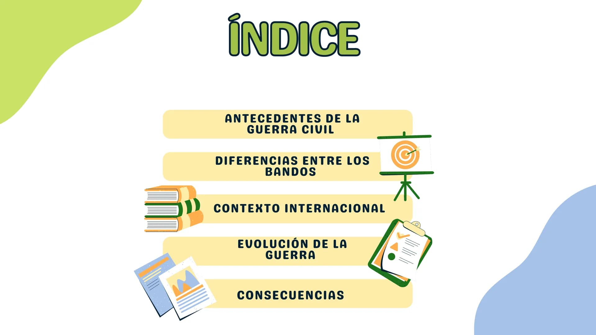 早
GUERRA CIVIL
ESPANOLA
MARÍA JESÚS
MORENO 3°A INN
INDICE
ANTECEDENTES DE LA
GUERRA CIVIL
DIFERENCIAS ENTRE LOS
BANDOS
CONTEXTO INTERNACIONA