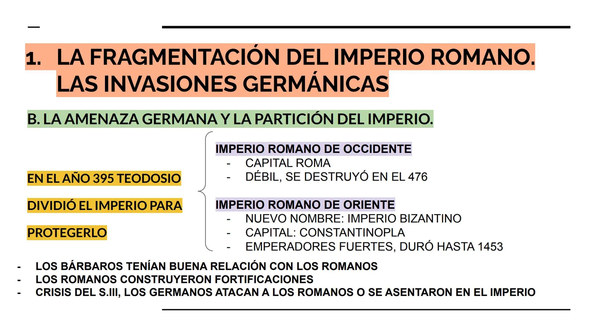 TEMA 1. LOS INICIOS
DE LA EDAD MEDIA
2º ESO ÍNDICE
VOCABULARIO
LÍNEA DEL TIEMPO
1. LA FRAGMENTACIÓN DEL IMPERIO ROMANO. LAS INVASIONES
GERMÁ