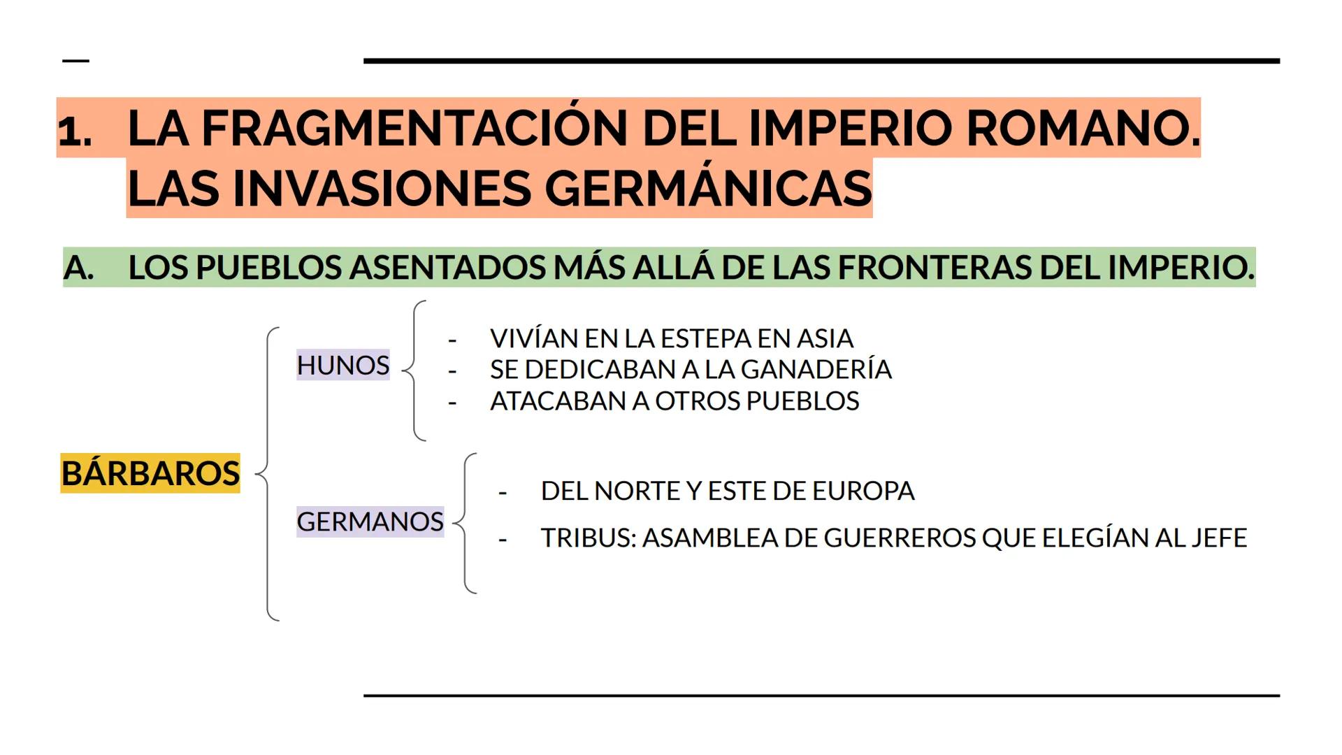 TEMA 1. LOS INICIOS
DE LA EDAD MEDIA
2º ESO ÍNDICE
VOCABULARIO
LÍNEA DEL TIEMPO
1. LA FRAGMENTACIÓN DEL IMPERIO ROMANO. LAS INVASIONES
GERMÁ