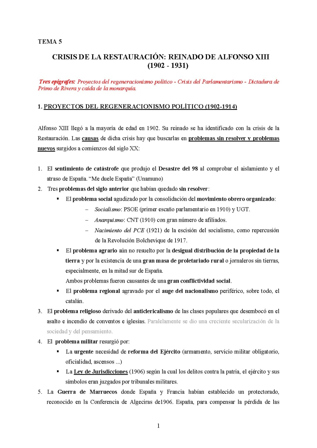 La Crisis de la Restauración en España y sus Problemas en el Reinado de Alfonso XIII